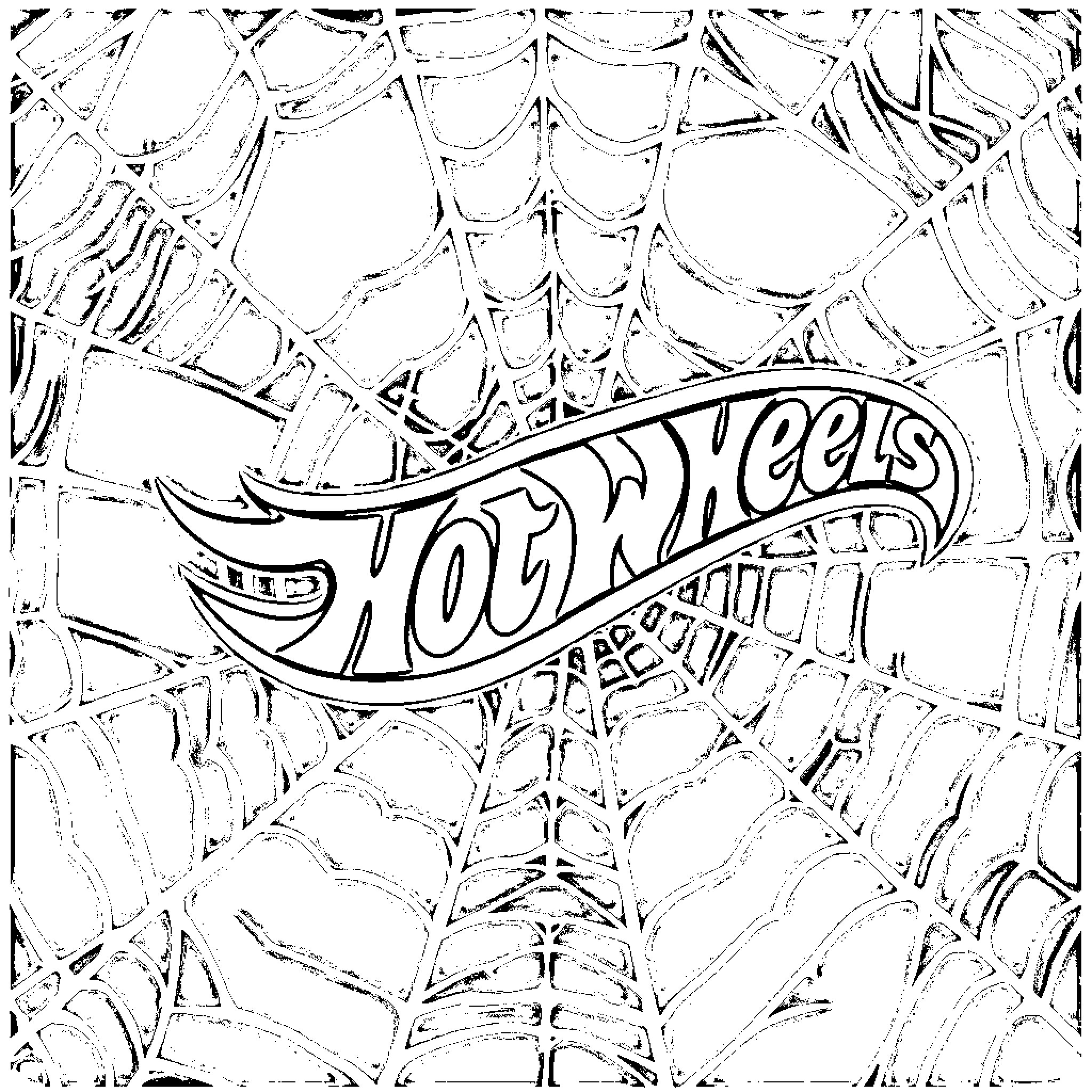Hot Wheels jumping through spiderweb Coloring Page (free black-and-white line drawing printable PDF for all, from beginners to advanced learners, including children, teens, adults, and seniors)