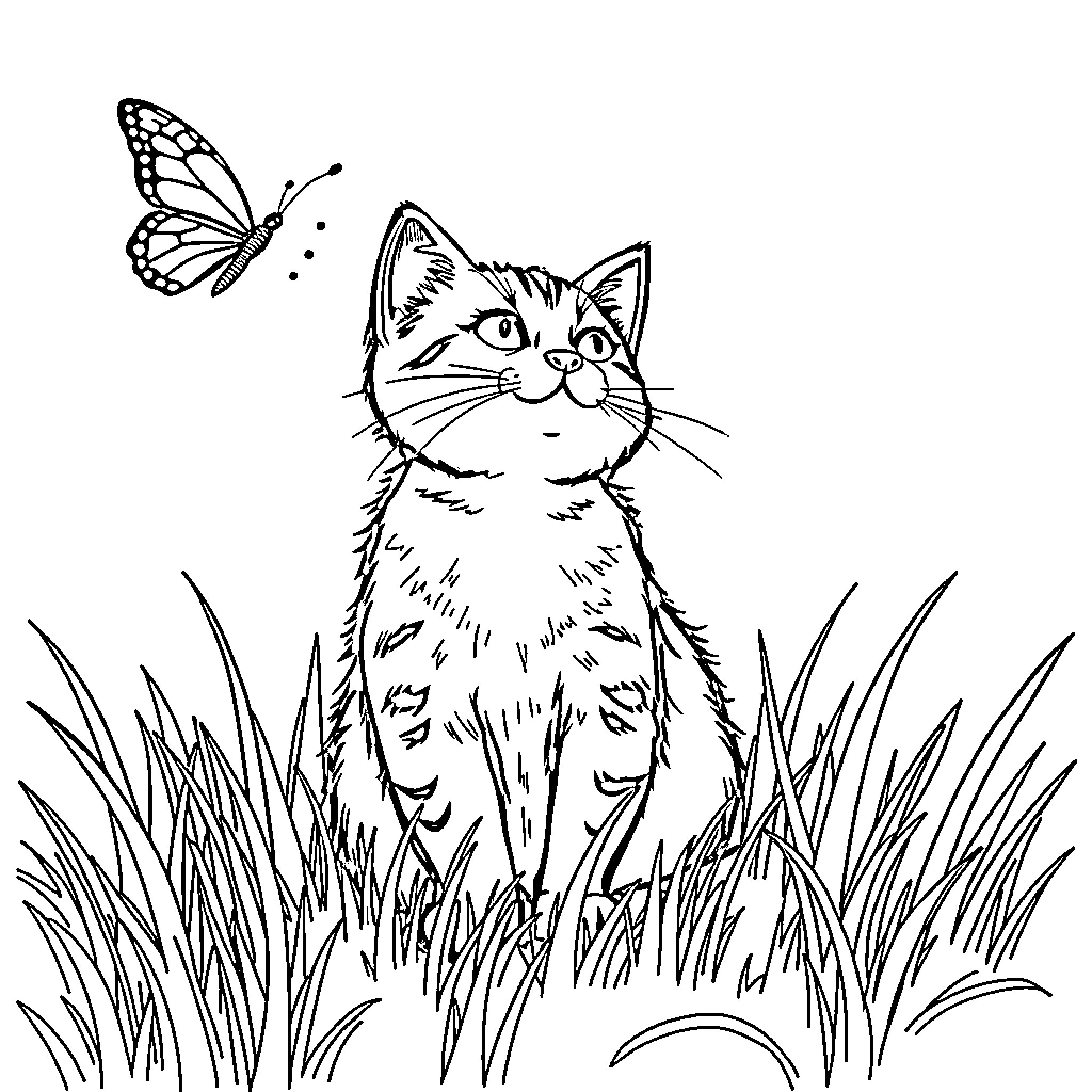 Cat watching a butterfly in the grass Coloring Page (free black-and-white line drawing printable PDF for all, from beginners to advanced learners, including children, teens, adults, and seniors)