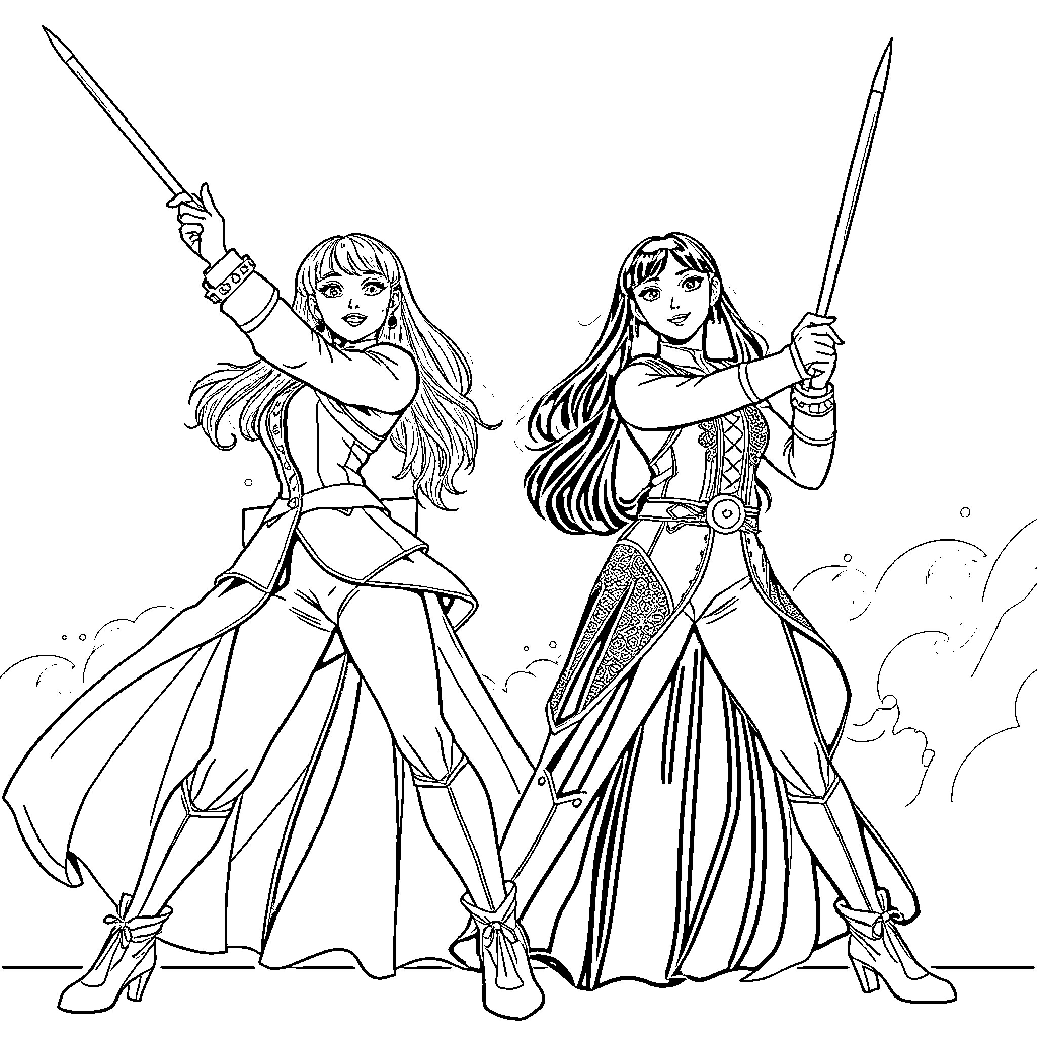 K-Pop Warriors in Fierce Battle Poses Coloring Page (free black-and-white line drawing printable PDF for all, from beginners to advanced learners, including children, teens, adults, and seniors)