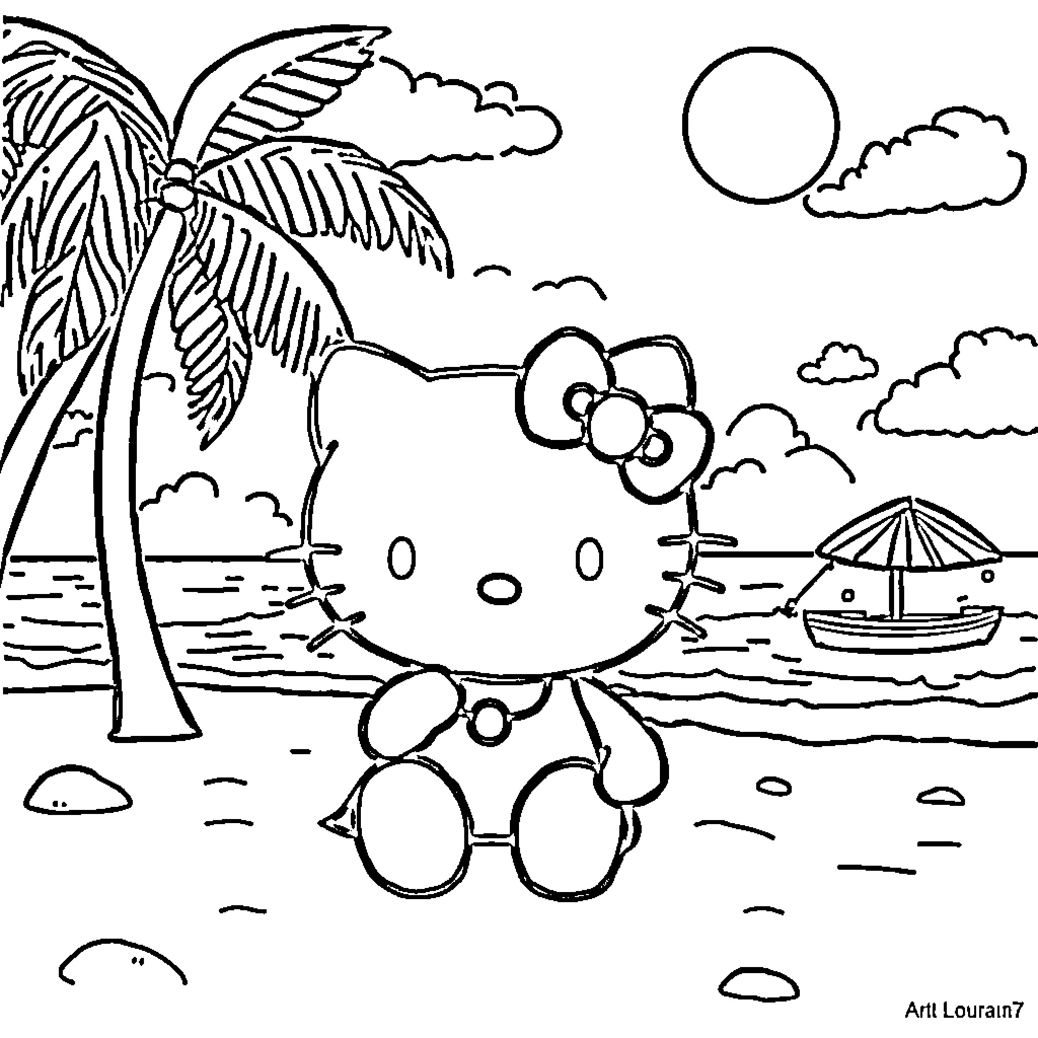 Hello Kitty enjoys a sunny day at the beach Coloring Page (free black-and-white line drawing printable PDF for all, from beginners to advanced learners, including children, teens, adults, and seniors)