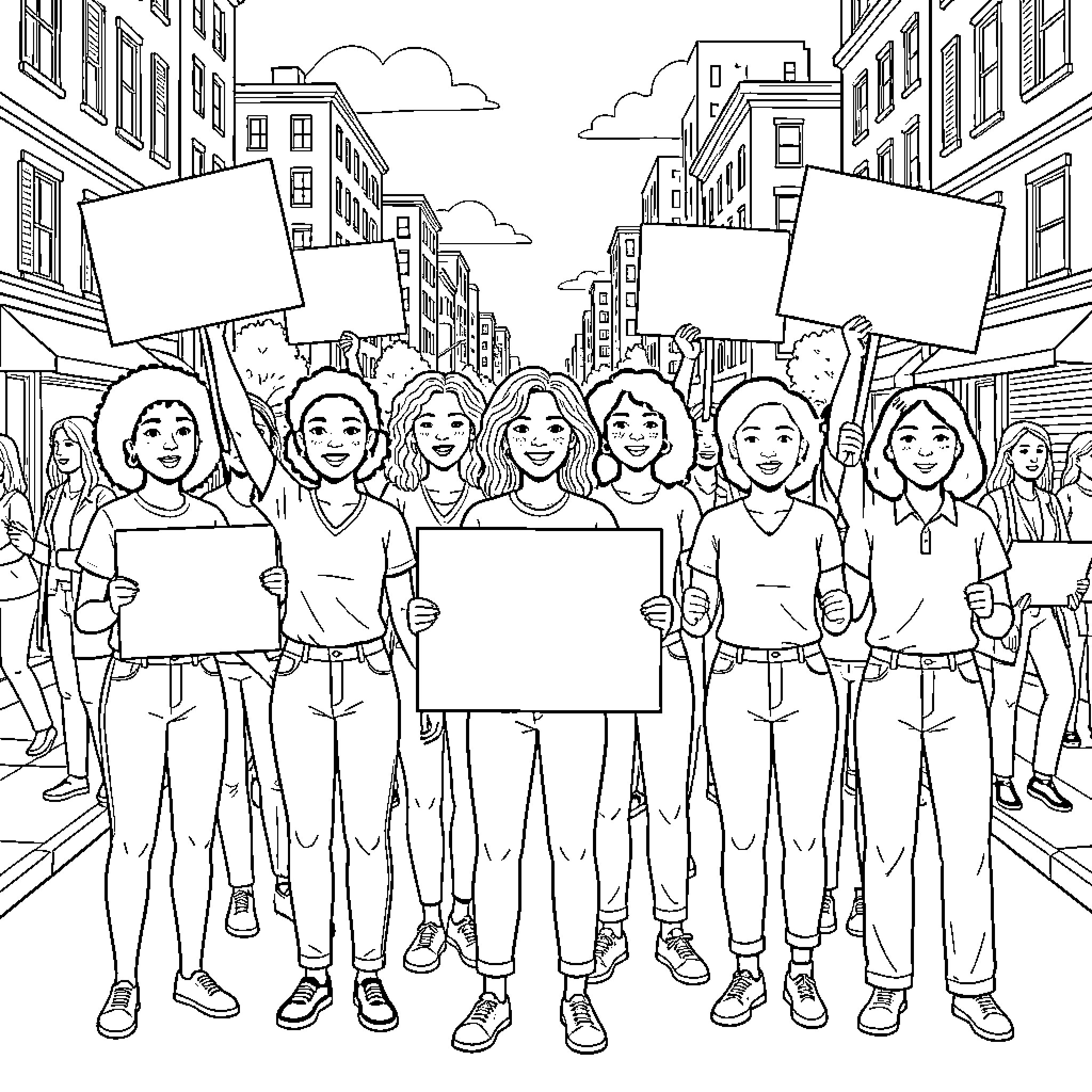 Women holding blank signs during a street protest Coloring Page (free black-and-white line drawing printable PDF for all, from beginners to advanced learners, including children, teens, adults, and seniors)