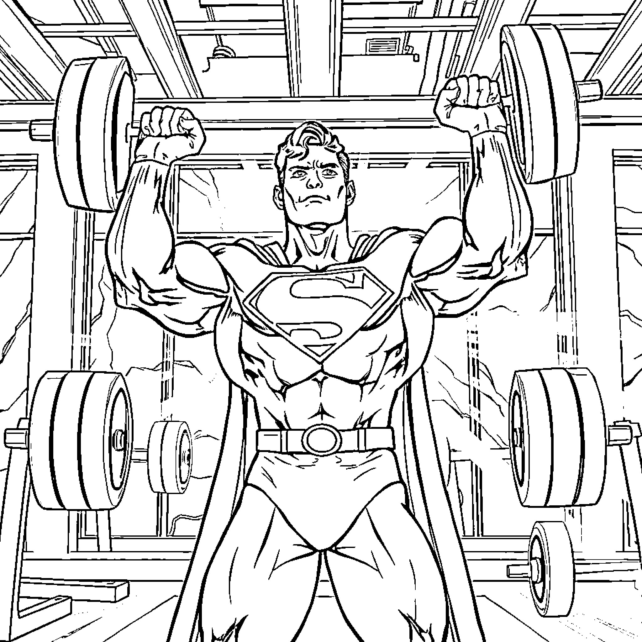 Superman Lifting Weights in Gym Coloring Page (free black-and-white line drawing printable PDF for all, from beginners to advanced learners, including children, teens, adults, and seniors)