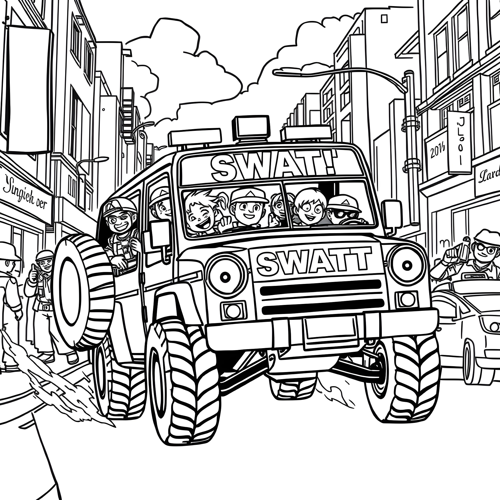 Swat Car Responding to Emergency in the City Coloring Page (free black-and-white line drawing printable PDF for all, from beginners to advanced learners, including children, teens, adults, and seniors)