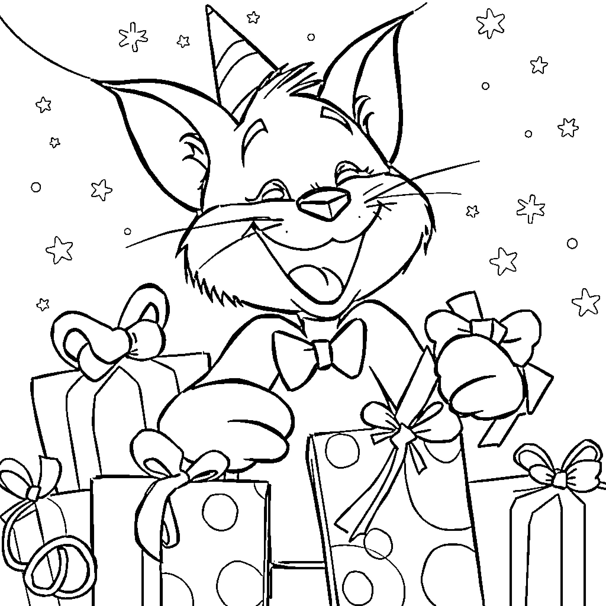 Tom Son's Joyful Gift Opening Coloring Page (free black-and-white line drawing printable PDF for all, from beginners to advanced learners, including children, teens, adults, and seniors)