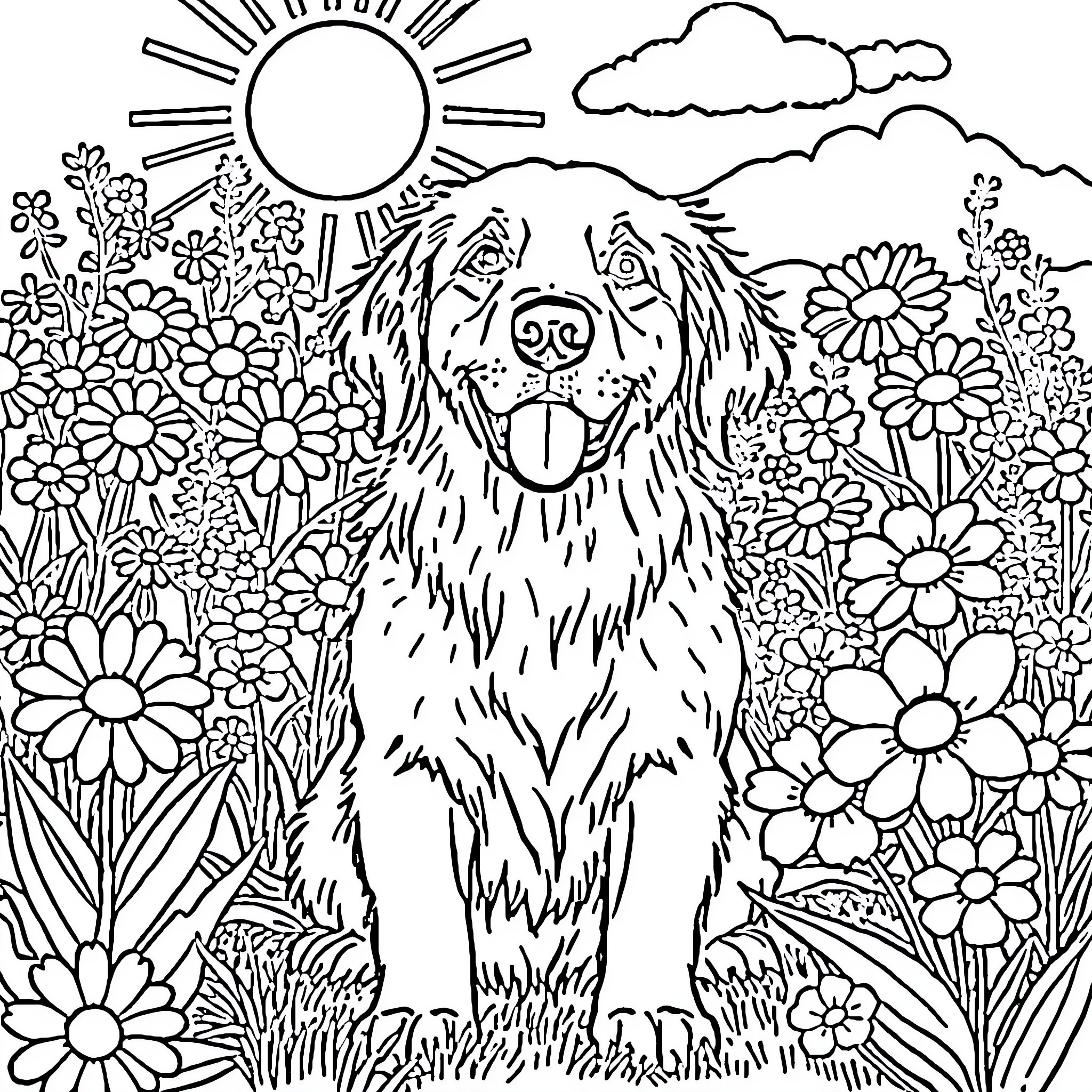 Golden Retriever enjoying a sunny day in the flower garden Coloring Page (free black-and-white line drawing printable PDF for all, from beginners to advanced learners, including children, teens, adults, and seniors)