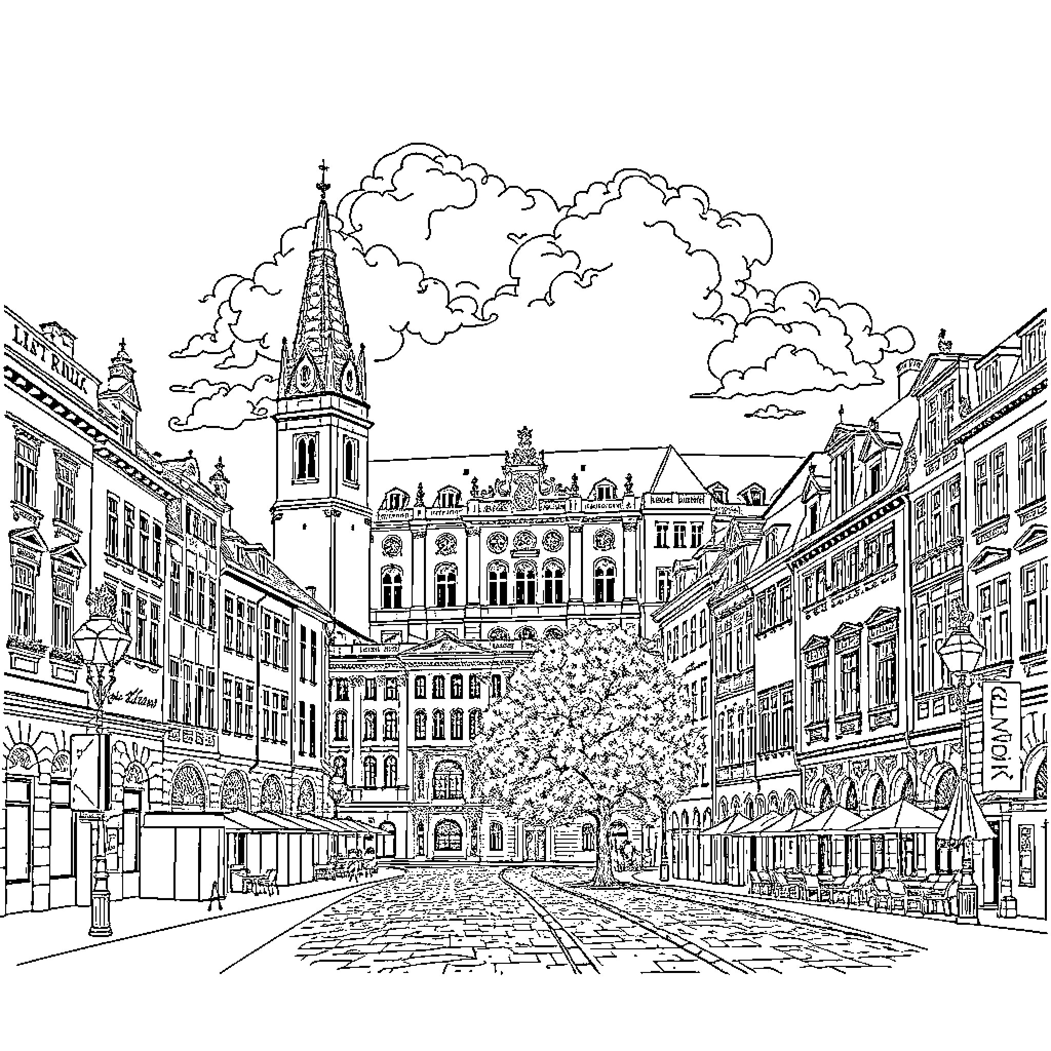 Latvia's Picturesque Old Town Streetscape Coloring Page (free black-and-white line drawing printable PDF for all, from beginners to advanced learners, including children, teens, adults, and seniors)