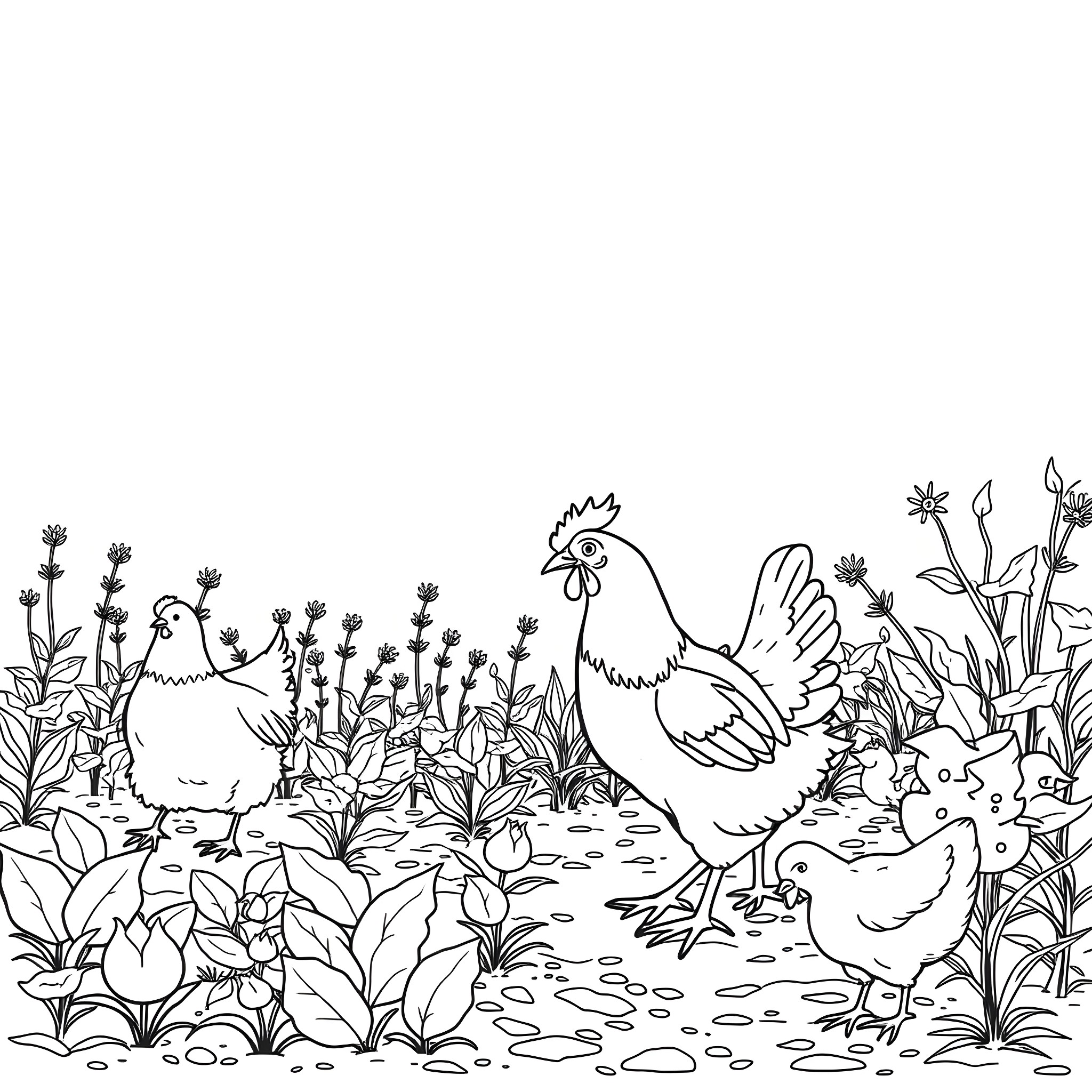 Chicken family in garden with flowers Coloring Page (free black-and-white line drawing printable PDF for all, from beginners to advanced learners, including children, teens, adults, and seniors)
