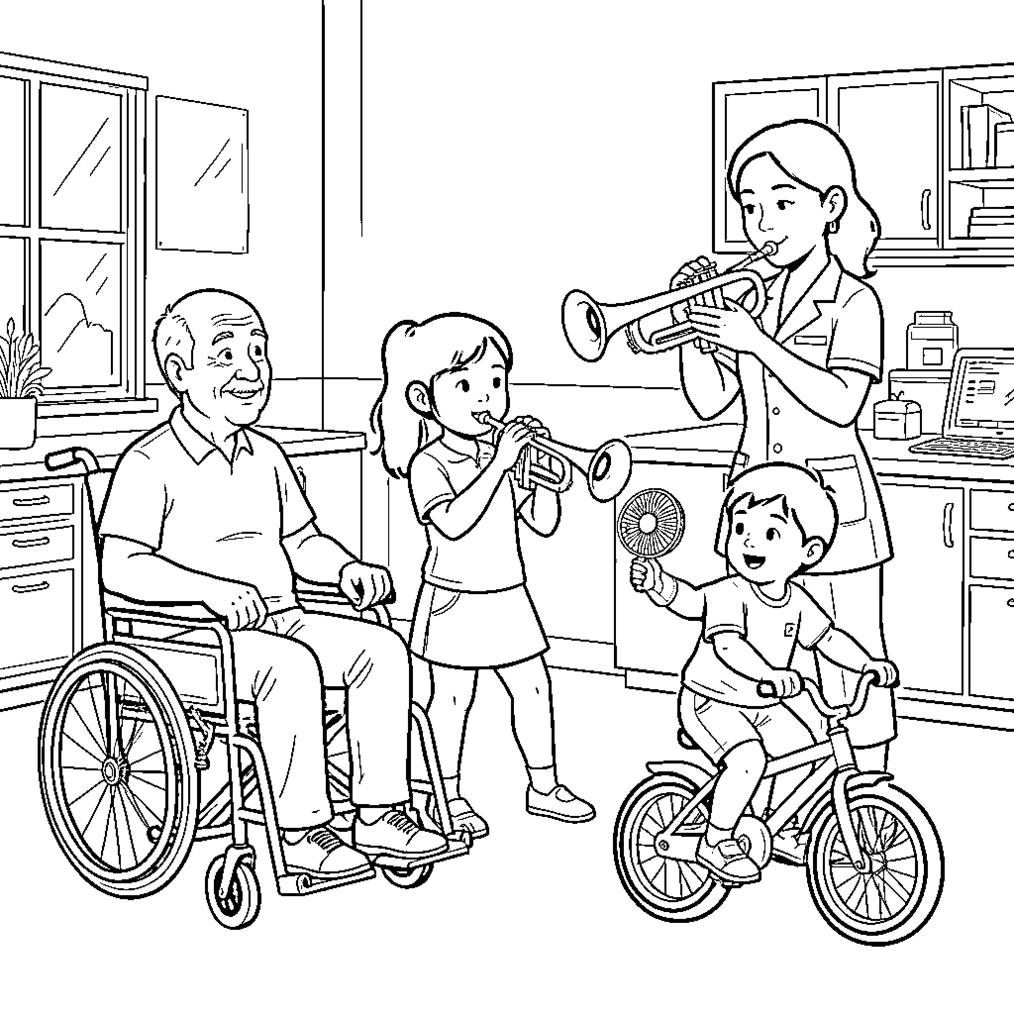 Family members playing music and riding a bicycle Coloring Page (free black-and-white line drawing printable PDF for all, from beginners to advanced learners, including children, teens, adults, and seniors)