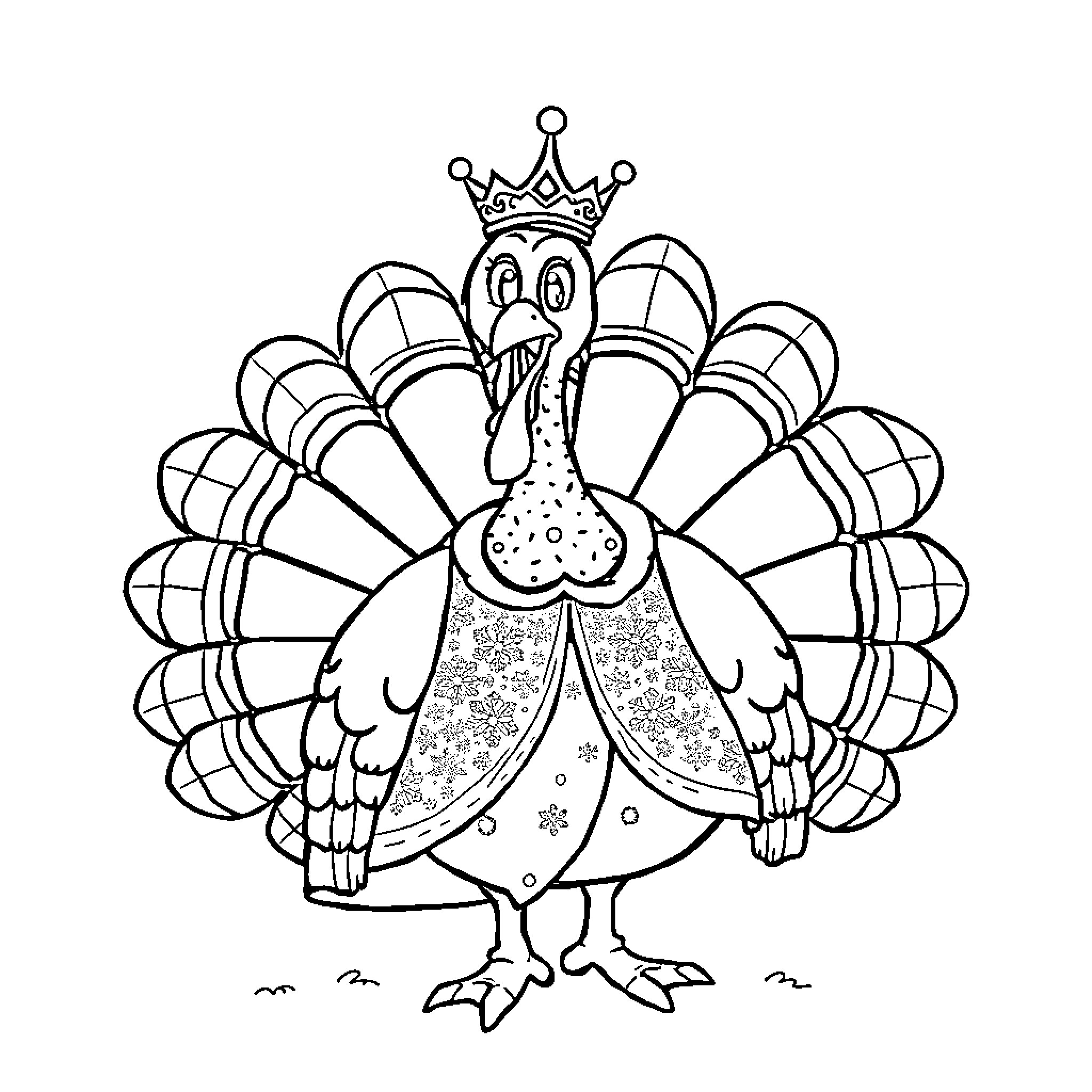Turkey wearing a crown and displaying its feathers Coloring Page (free black-and-white line drawing printable PDF for all, from beginners to advanced learners, including children, teens, adults, and seniors)