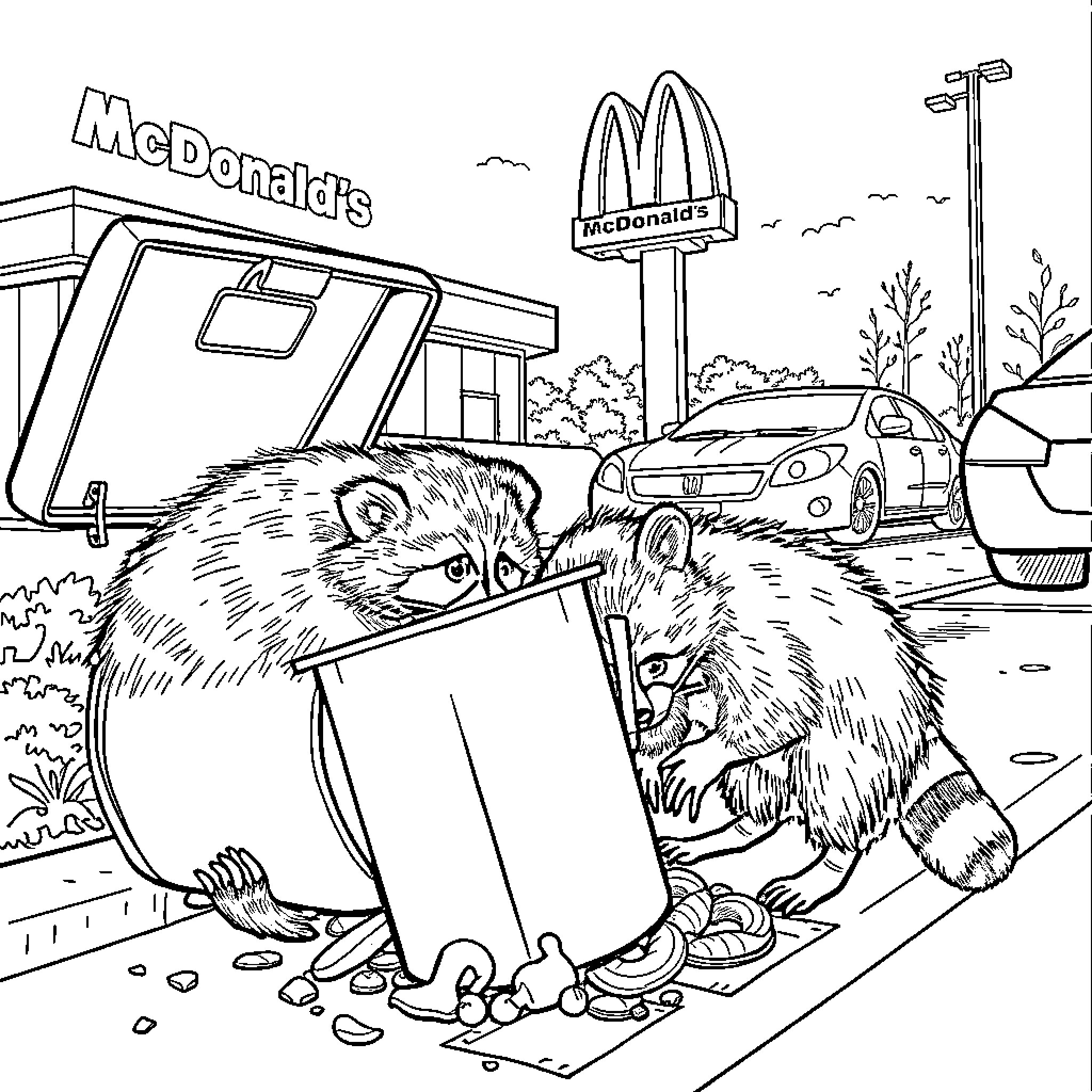 Raccoon rummaging through a dumpster behind a McDonald's Coloring Page (free black-and-white line drawing printable PDF for all, from beginners to advanced learners, including children, teens, adults, and seniors)