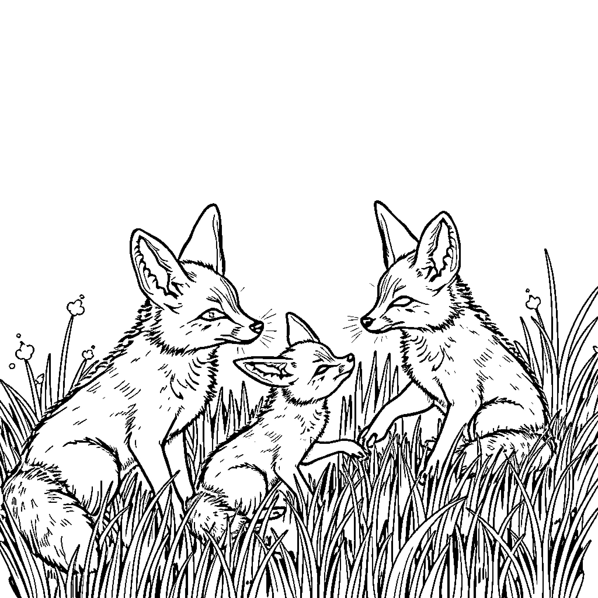 Bat-eared Foxes frolicking in the wild Coloring Page (free black-and-white line drawing printable PDF for all, from beginners to advanced learners, including children, teens, adults, and seniors)
