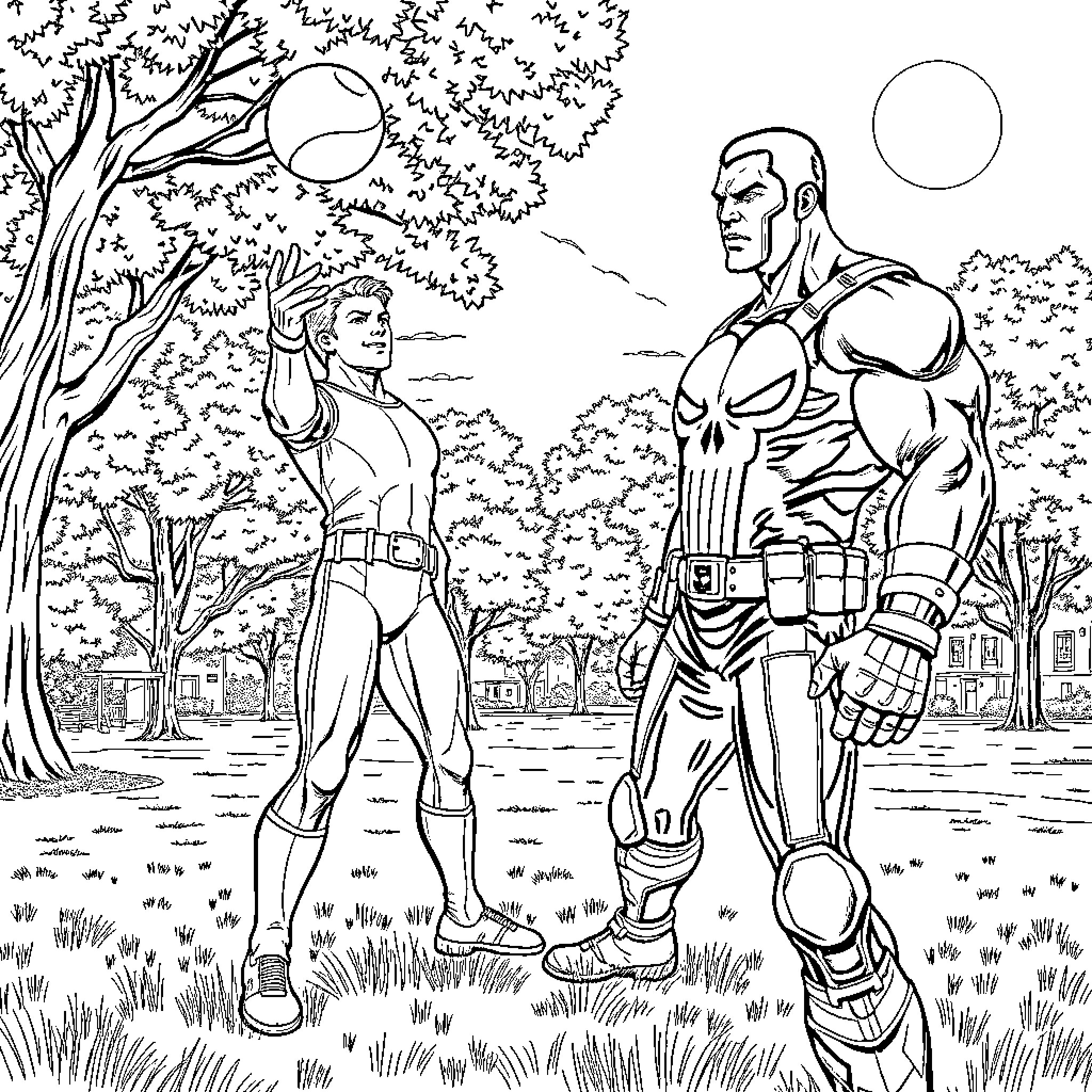 Action Man Confronts a Mysterious Figure in a Wooded Landscape Coloring Page (free black-and-white line drawing printable PDF for all, from beginners to advanced learners, including children, teens, adults, and seniors)