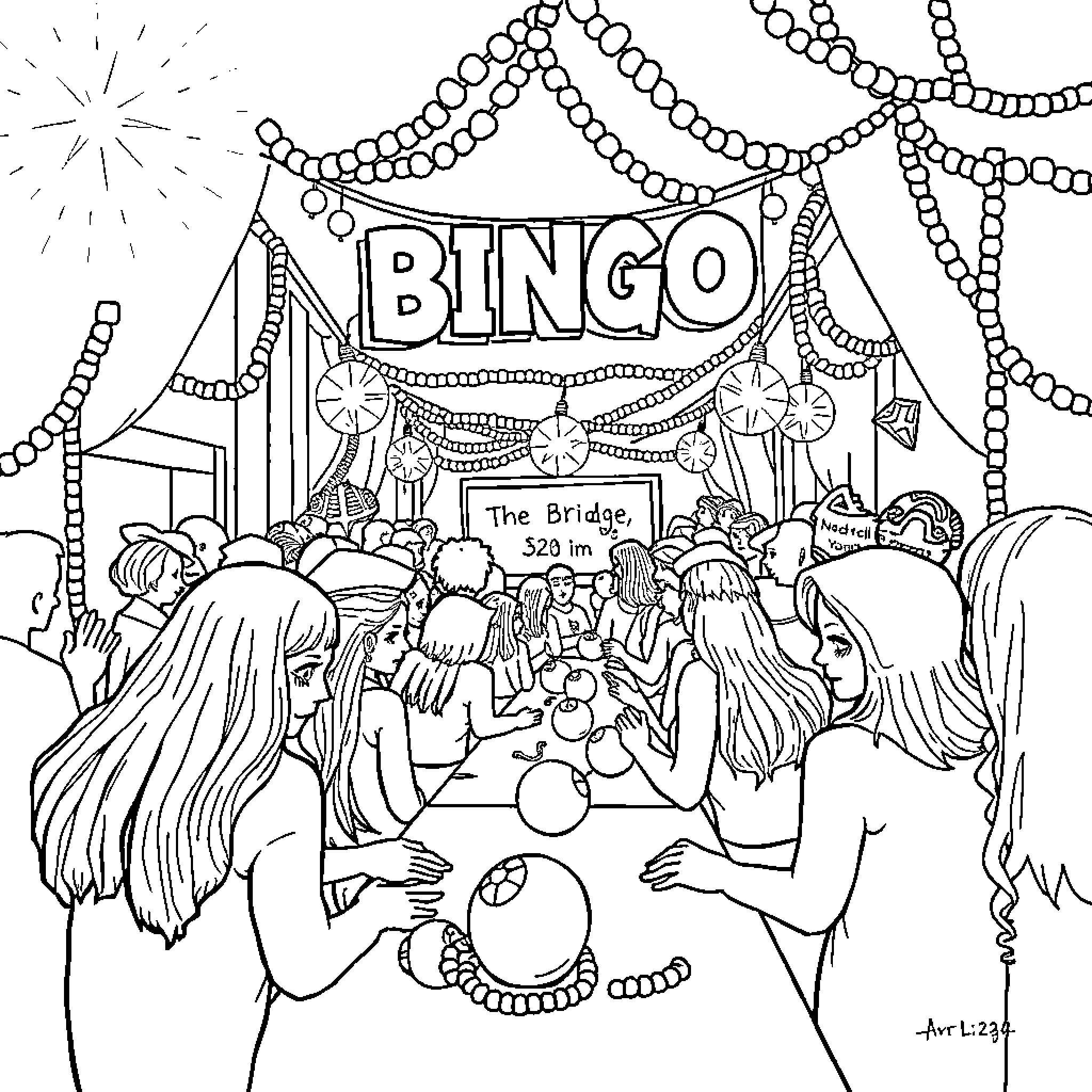 Bingo night at the carnival celebration Coloring Page (free black-and-white line drawing printable PDF for all, from beginners to advanced learners, including children, teens, adults, and seniors)