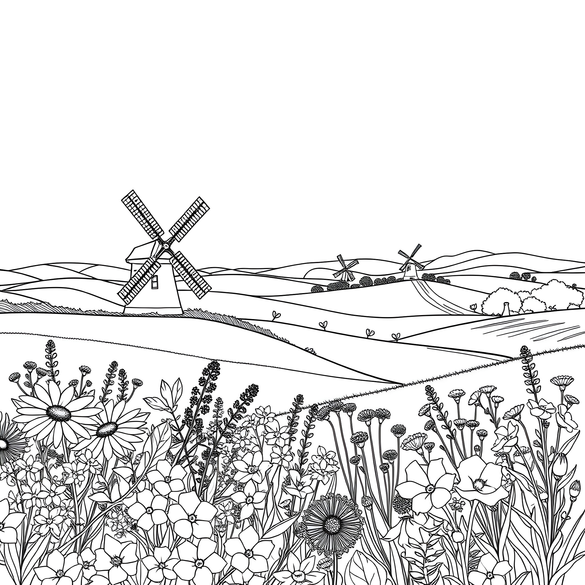 Flower-filled Countryside with Windmill Coloring Page (free black-and-white line drawing printable PDF for all, from beginners to advanced learners, including children, teens, adults, and seniors)