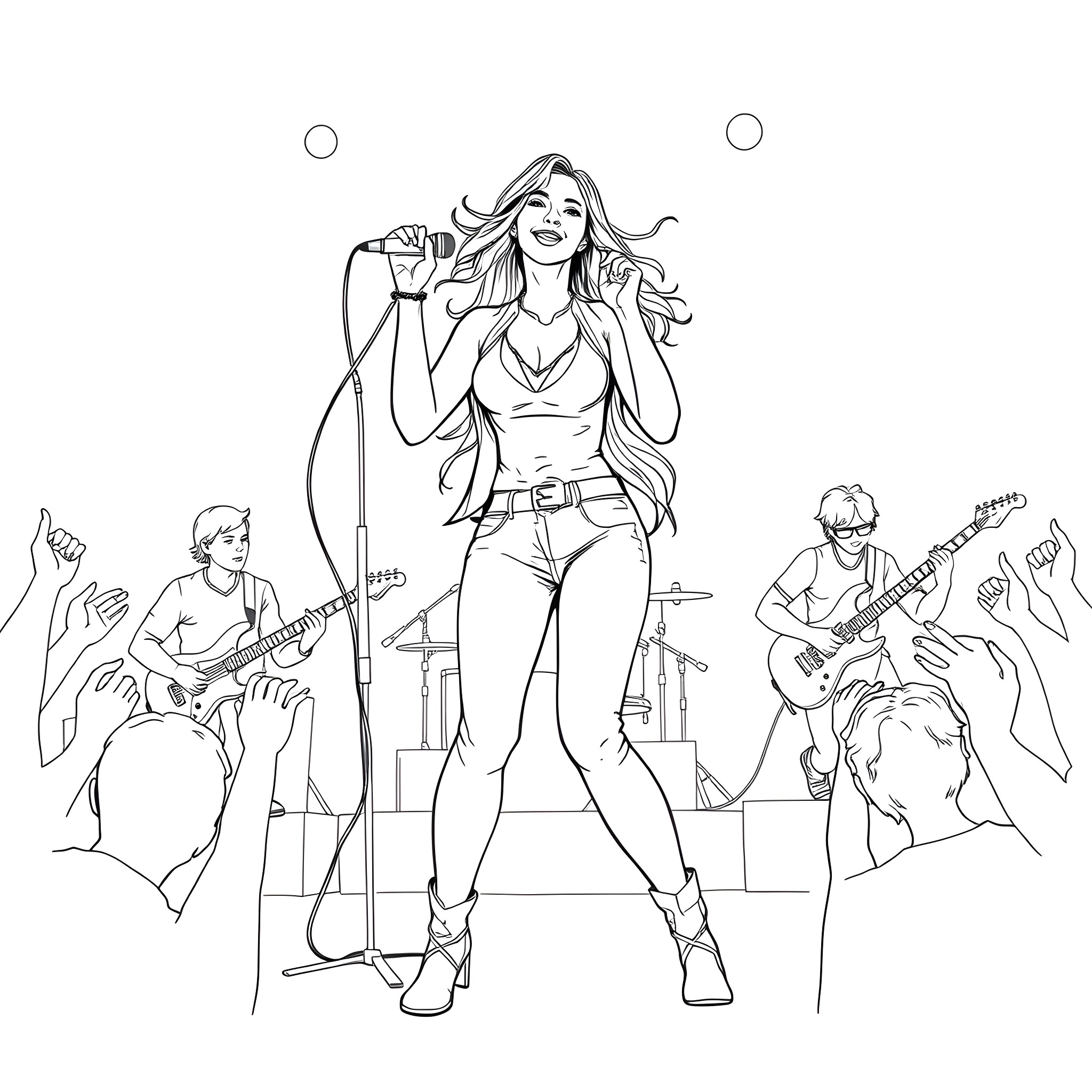 Singer performing on stage with band Coloring Page (free black-and-white line drawing printable PDF for all, from beginners to advanced learners, including children, teens, adults, and seniors)