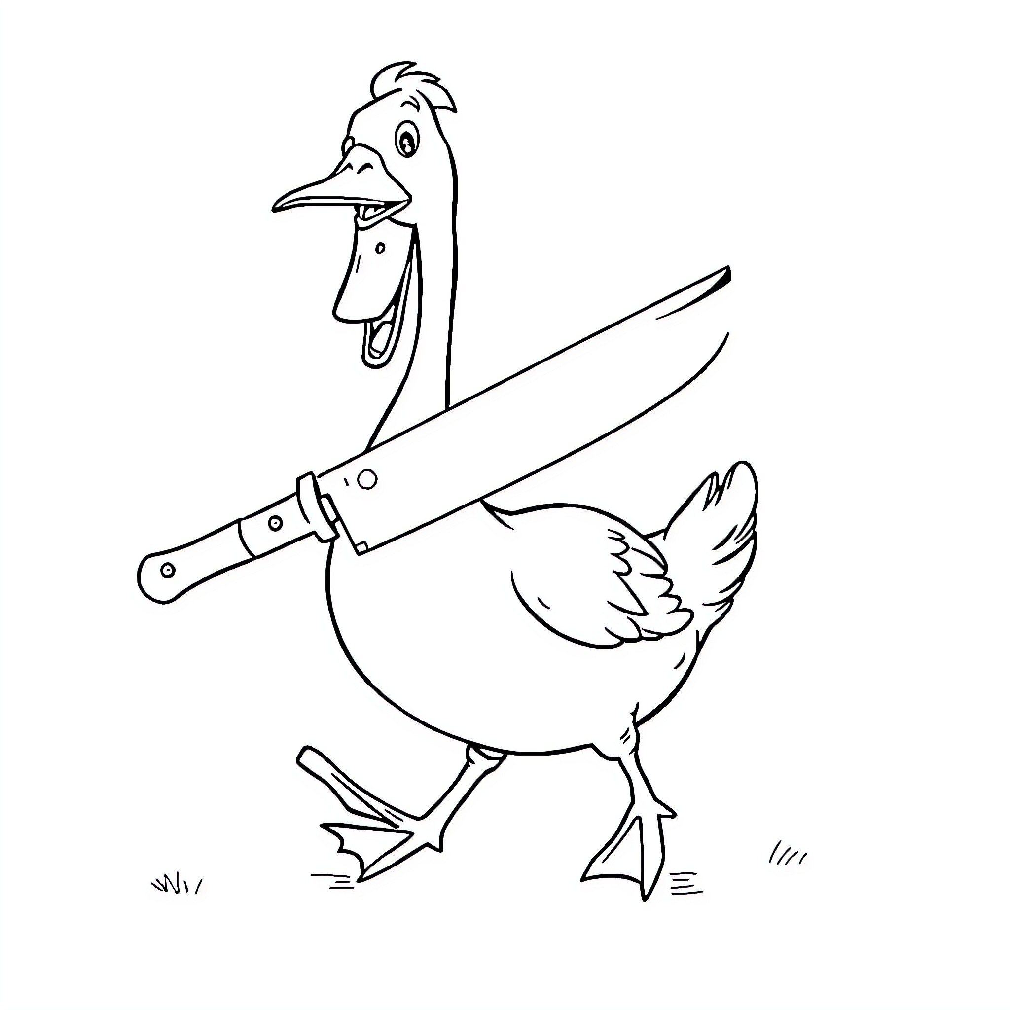 Goose wielding a tool Coloring Page (free black-and-white line drawing printable PDF for all, from beginners to advanced learners, including children, teens, adults, and seniors)
