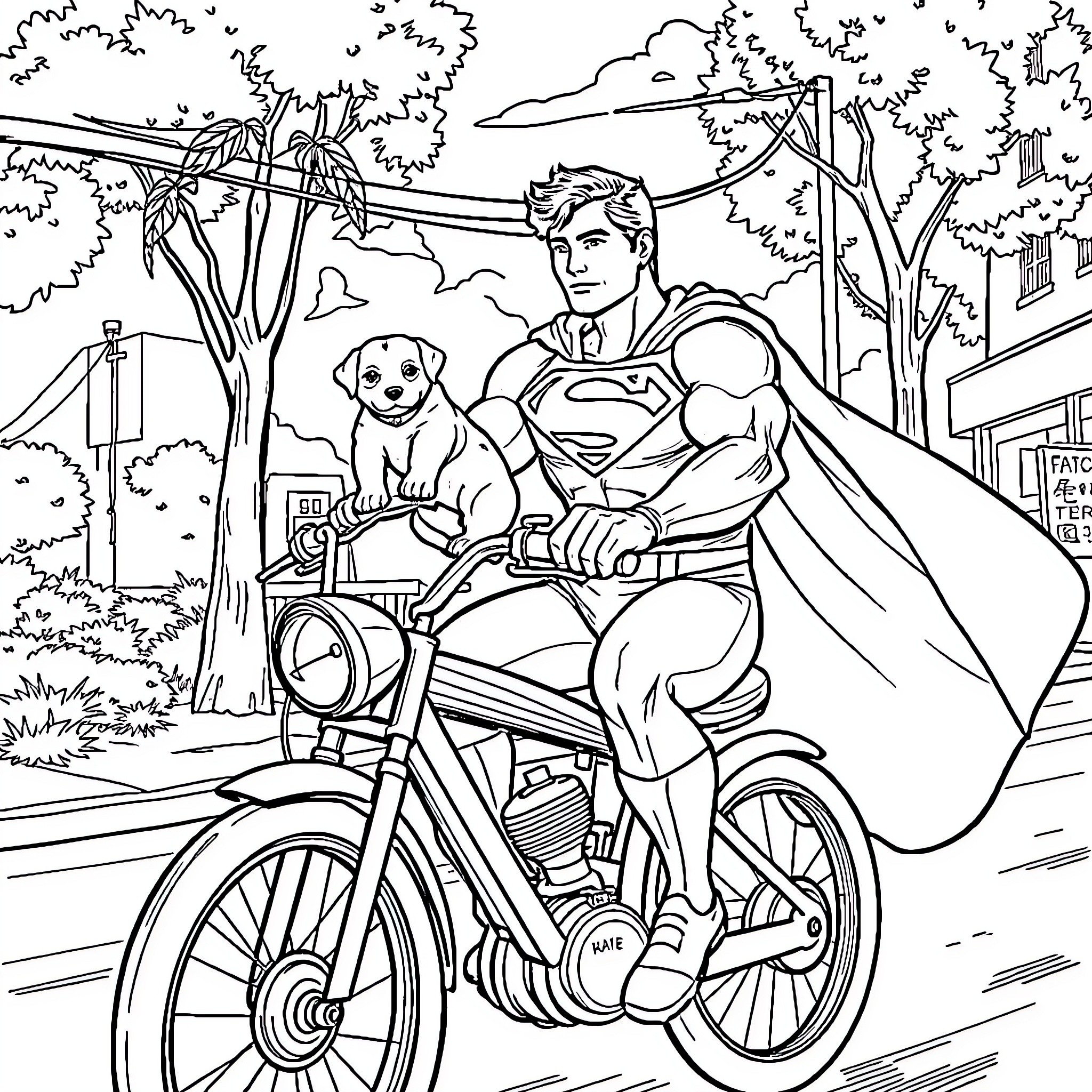Superman taking a relaxing ride with a puppy Coloring Page (free black-and-white line drawing printable PDF for all, from beginners to advanced learners, including children, teens, adults, and seniors)