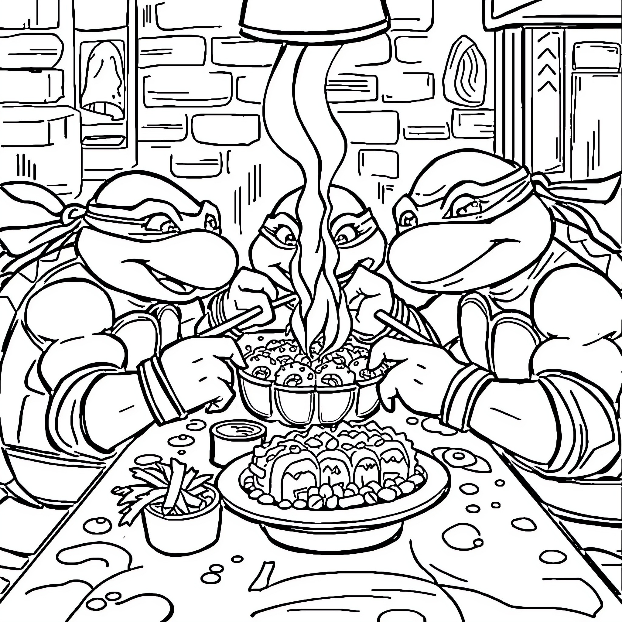 Ninja Turtles Sharing a Celebratory Feast Coloring Page (free black-and-white line drawing printable PDF for all, from beginners to advanced learners, including children, teens, adults, and seniors)