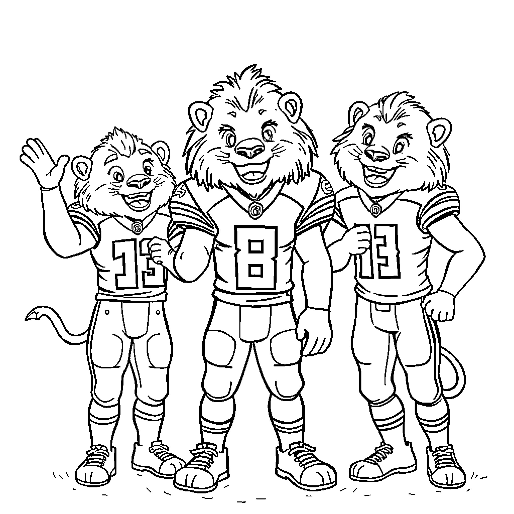 Detroit Lions mascots in sports uniforms Coloring Page (free black-and-white line drawing printable PDF for all, from beginners to advanced learners, including children, teens, adults, and seniors)