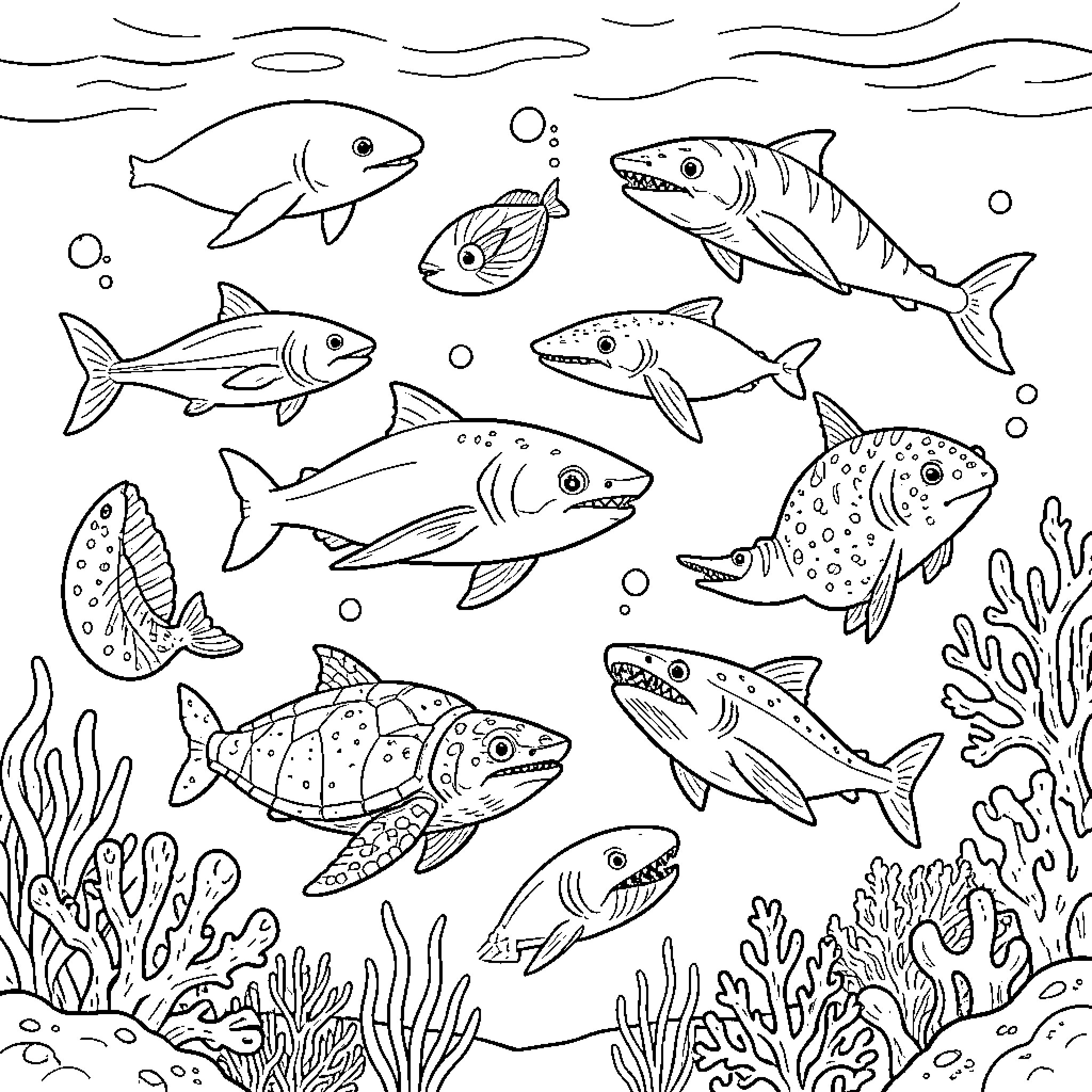 Ocean Animal swimming through a coral reef scene Coloring Page (free black-and-white line drawing printable PDF for all, from beginners to advanced learners, including children, teens, adults, and seniors)