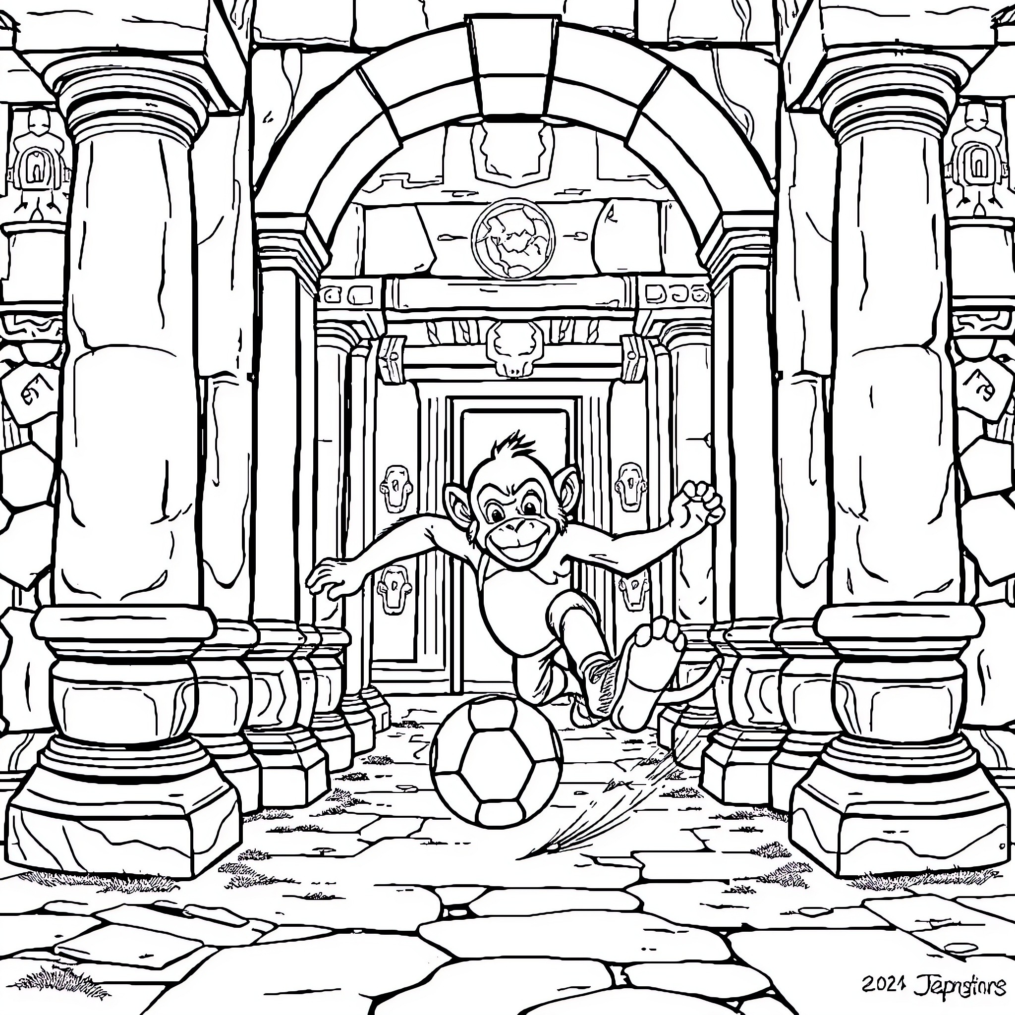 Monkey playing with soccer ball in ancient ruins Coloring Page (free black-and-white line drawing printable PDF for all, from beginners to advanced learners, including children, teens, adults, and seniors)