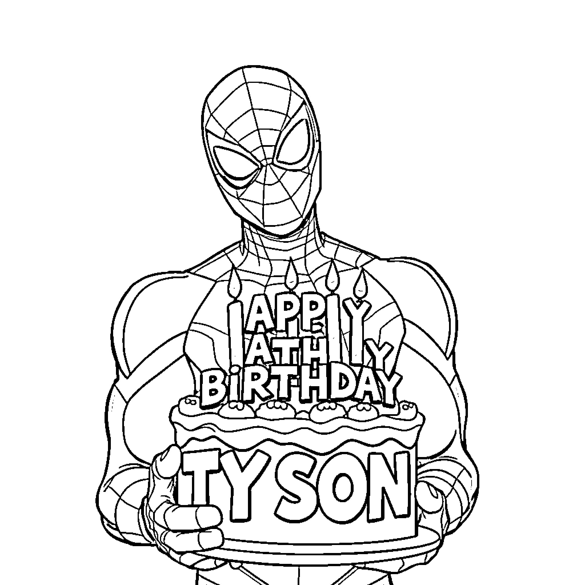 Spider-Man Celebrates Birthday Cake for Tyson Coloring Page (free black-and-white line drawing printable PDF for all, from beginners to advanced learners, including children, teens, adults, and seniors)