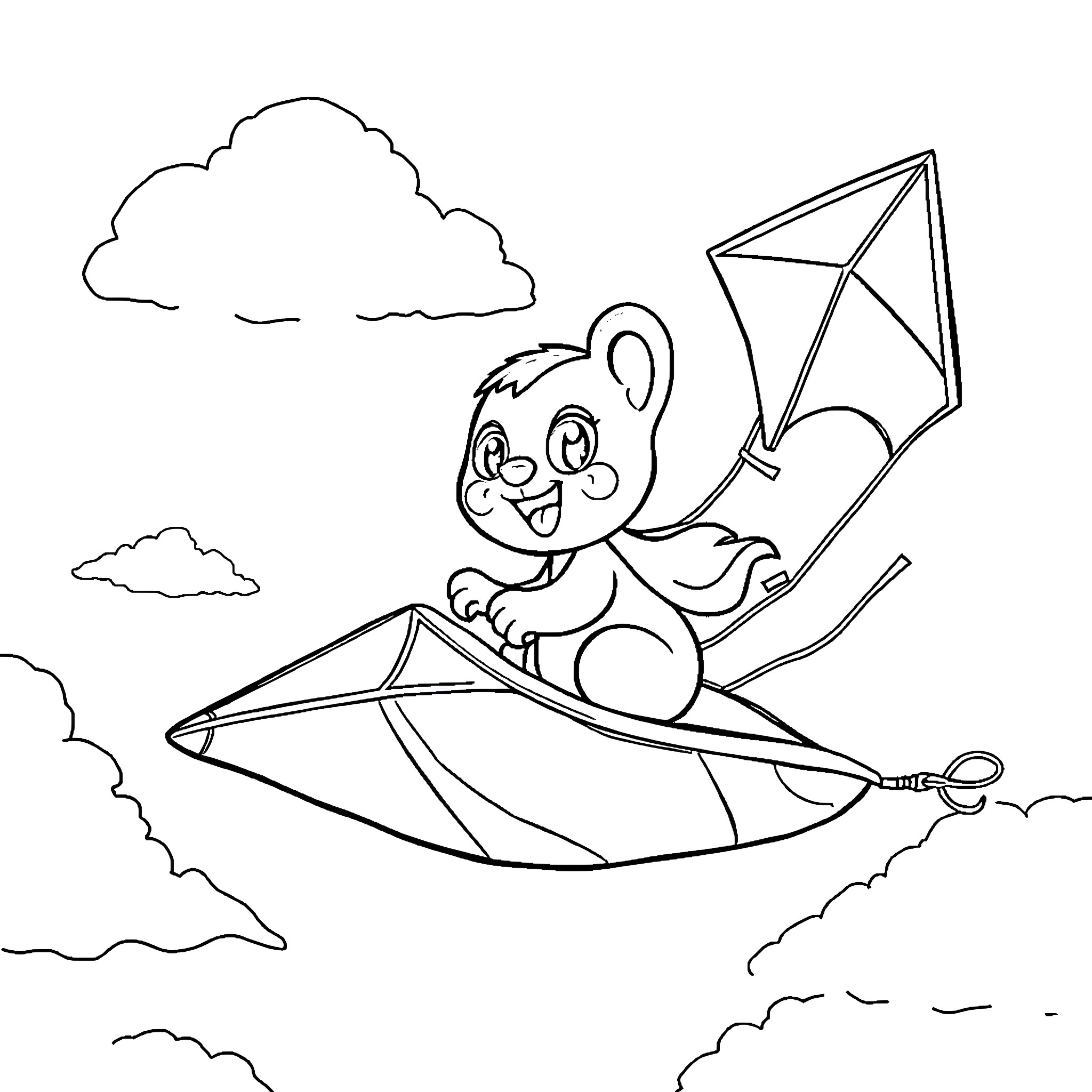 Bluey flying kite in the clouds Coloring Page (free black-and-white line drawing printable PDF for all, from beginners to advanced learners, including children, teens, adults, and seniors)