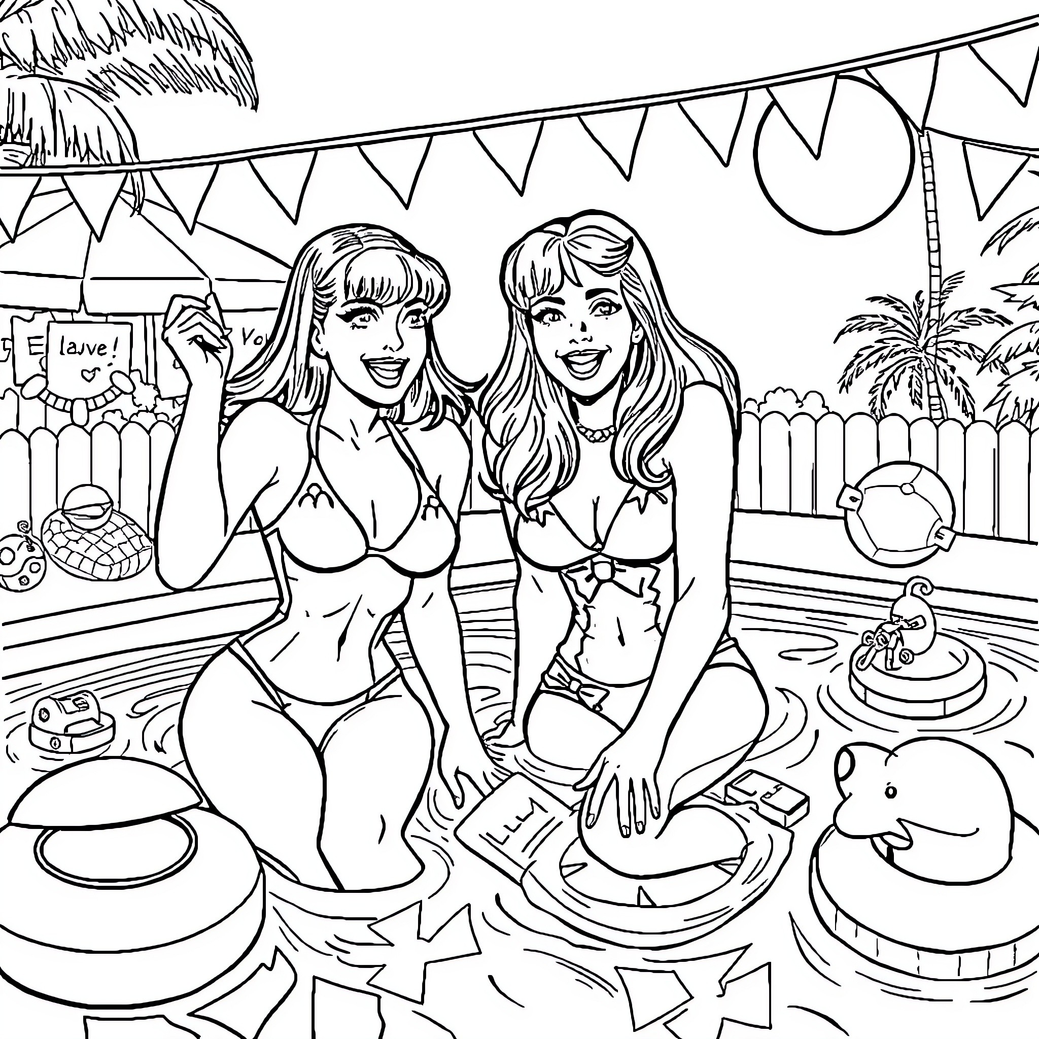 Betty and Veronica enjoying a day at the pool Coloring Page (free black-and-white line drawing printable PDF for all, from beginners to advanced learners, including children, teens, adults, and seniors)