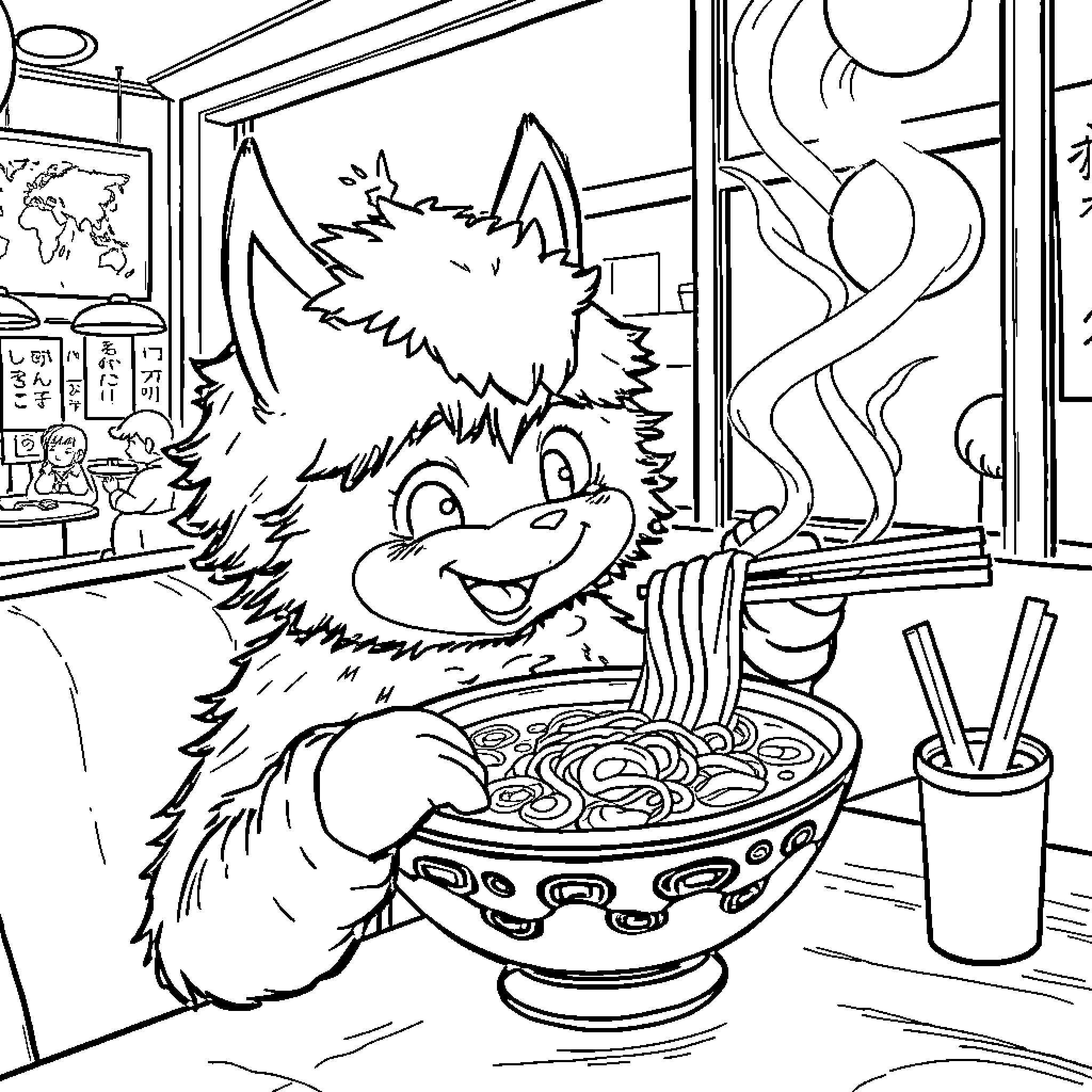 Huntrix Eating Noodles Happily in the Kitchen Coloring Page (free black-and-white line drawing printable PDF for all, from beginners to advanced learners, including children, teens, adults, and seniors)