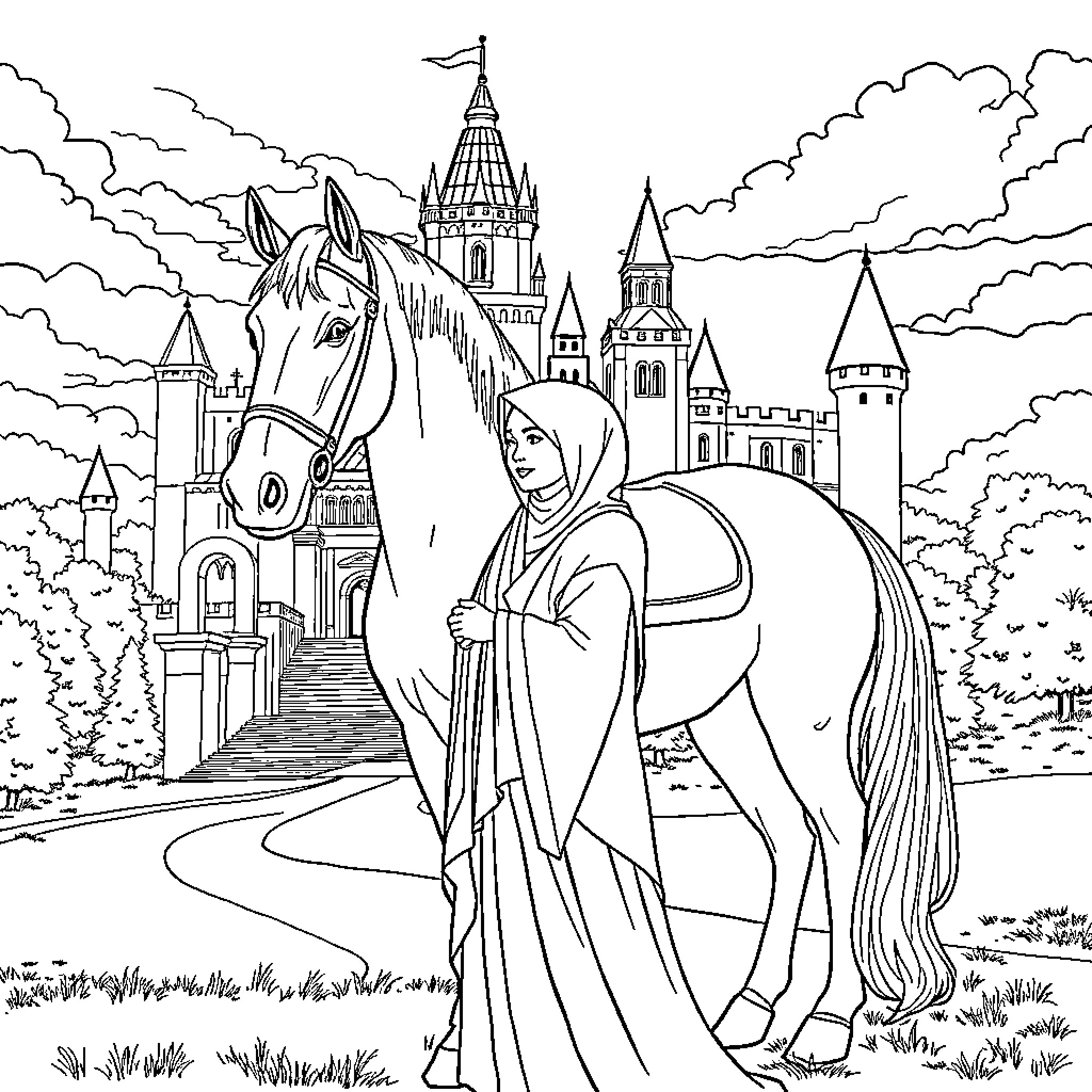 Princess and her Majestic Horse at the Castle Coloring Page (free black-and-white line drawing printable PDF for all, from beginners to advanced learners, including children, teens, adults, and seniors)