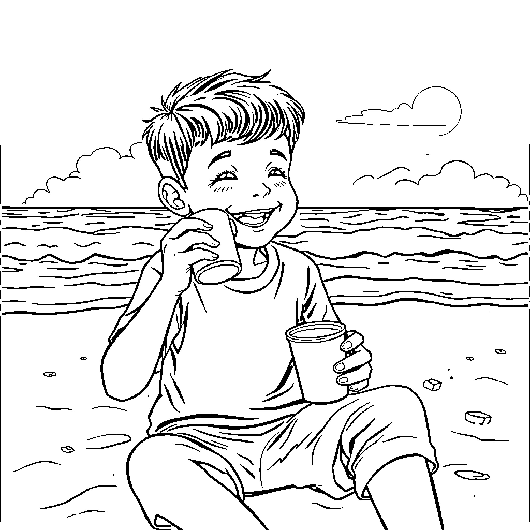 Boy enjoying a snack at the beach Coloring Page (free black-and-white line drawing printable PDF for all, from beginners to advanced learners, including children, teens, adults, and seniors)