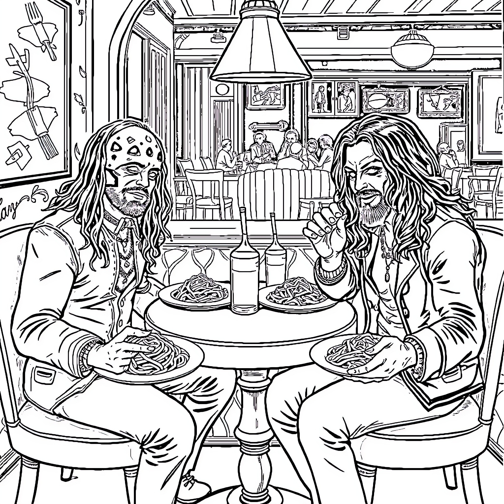 Coheed and Cambria Sharing a Meal in a Cozy Diner Coloring Page (free black-and-white line drawing printable PDF for all, from beginners to advanced learners, including children, teens, adults, and seniors)