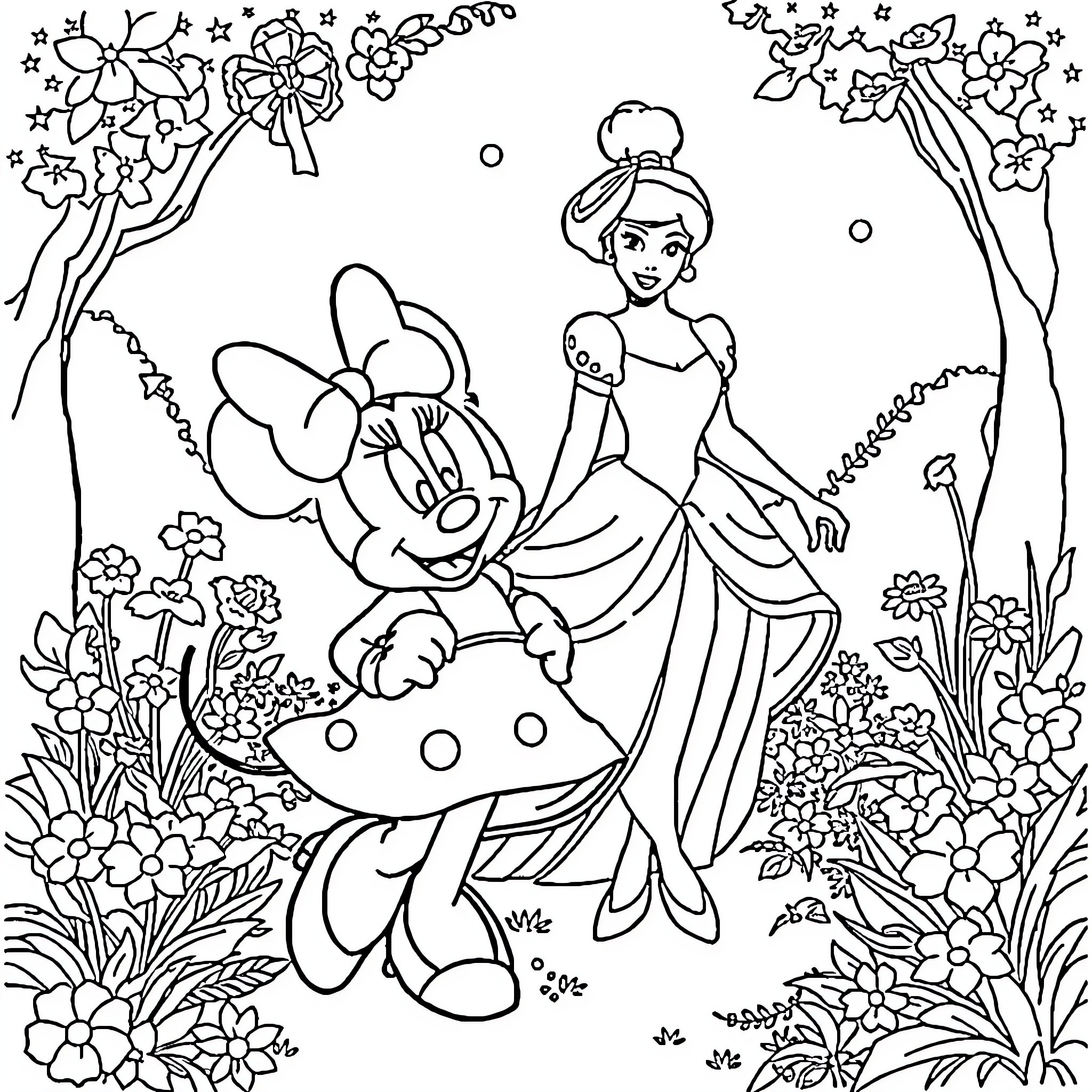 Minnie and the Princess in the Enchanted Garden Coloring Page (free black-and-white line drawing printable PDF for all, from beginners to advanced learners, including children, teens, adults, and seniors)