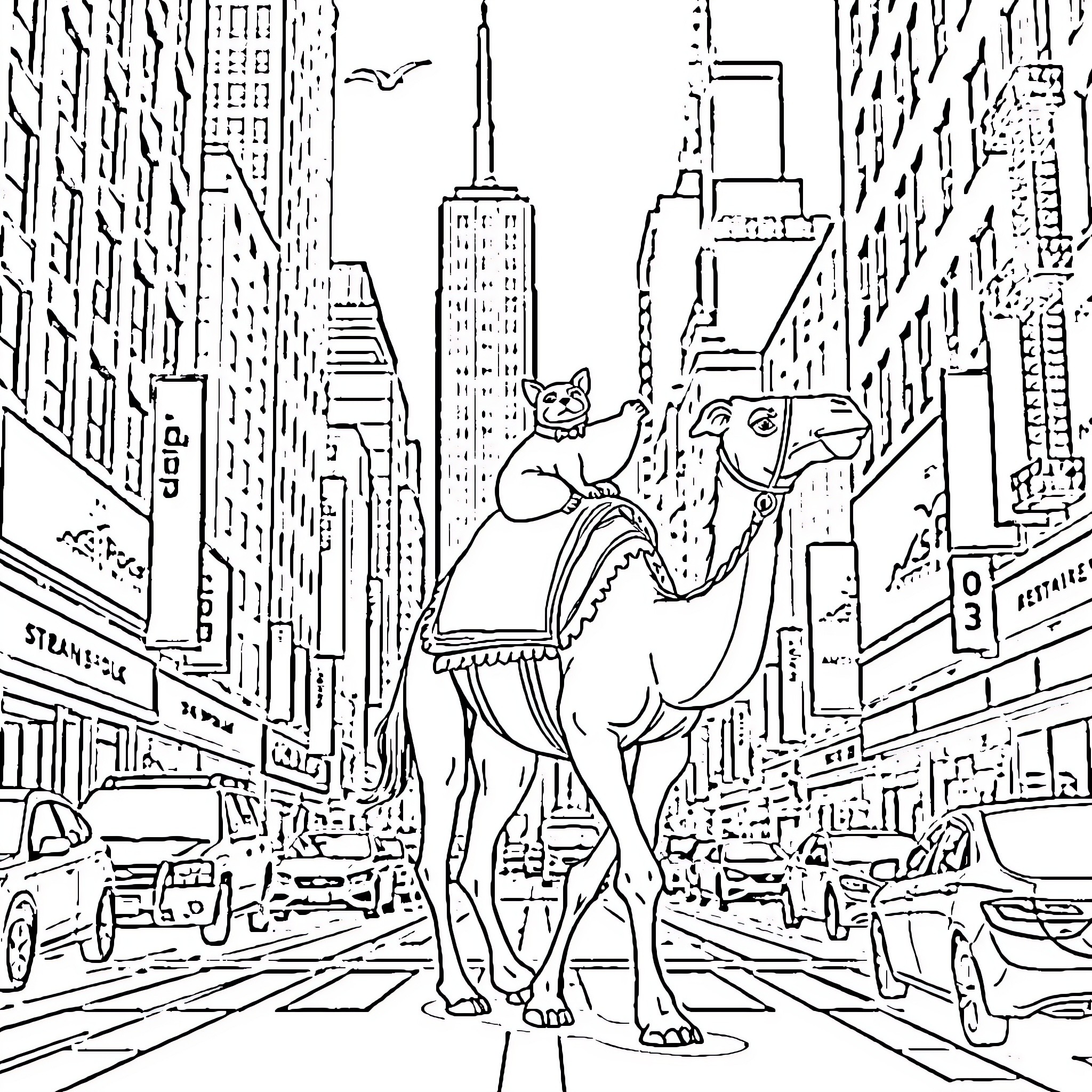Dog riding a camel in the city Coloring Page (free black-and-white line drawing printable PDF for all, from beginners to advanced learners, including children, teens, adults, and seniors)
