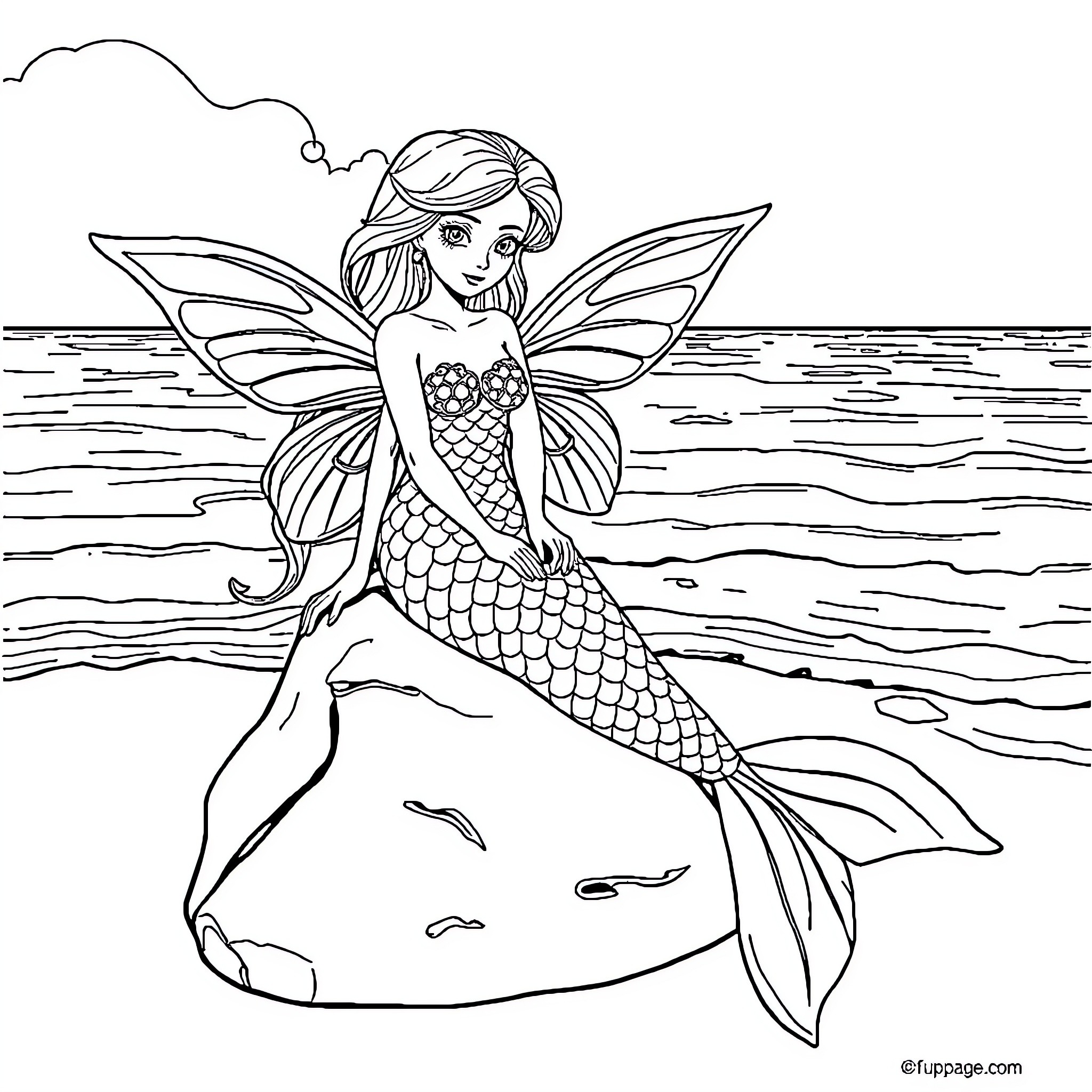 Mermaid resting on a rock in the ocean Coloring Page (free black-and-white line drawing printable PDF for all, from beginners to advanced learners, including children, teens, adults, and seniors)