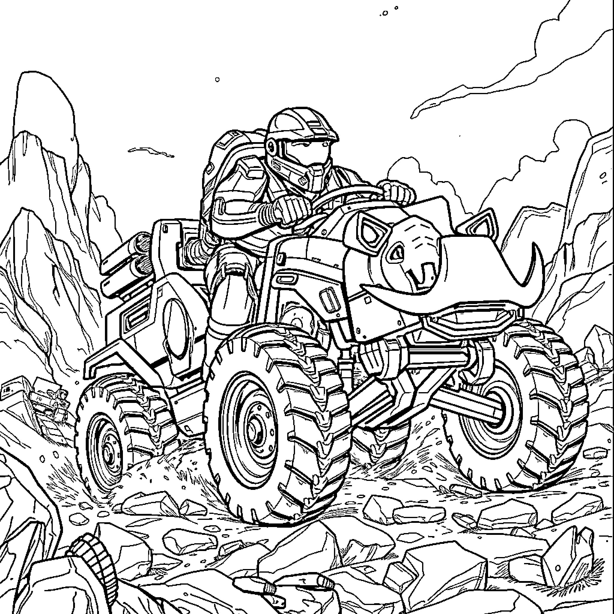 Master Chief riding a powerful armored vehicle through rugged terrain Coloring Page (free black-and-white line drawing printable PDF for all, from beginners to advanced learners, including children, teens, adults, and seniors)