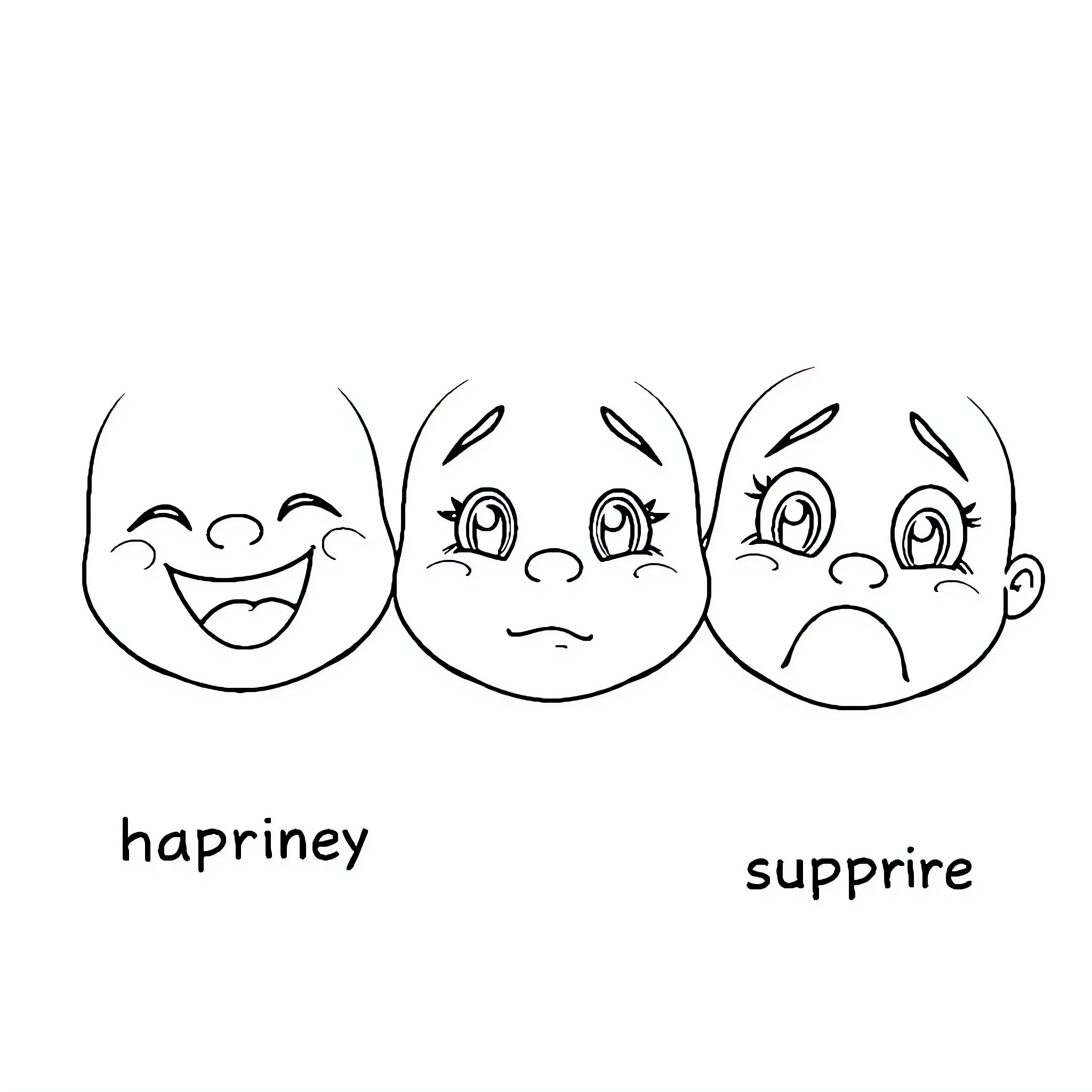 Face Expressions of Happiness, Surprise, and Sadness Coloring Page (free black-and-white line drawing printable PDF for all, from beginners to advanced learners, including children, teens, adults, and seniors)