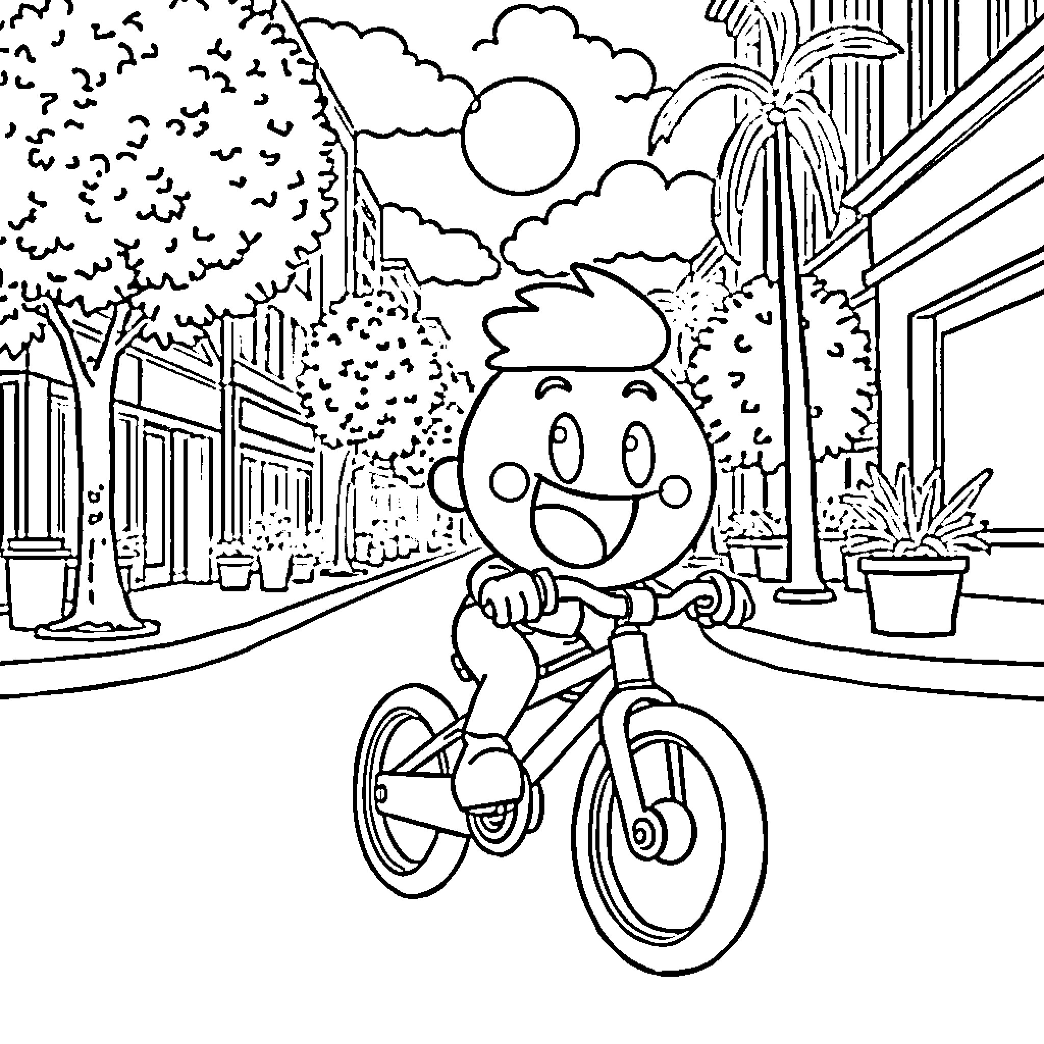 Gumball riding a bicycle in the park Coloring Page (free black-and-white line drawing printable PDF for all, from beginners to advanced learners, including children, teens, adults, and seniors)