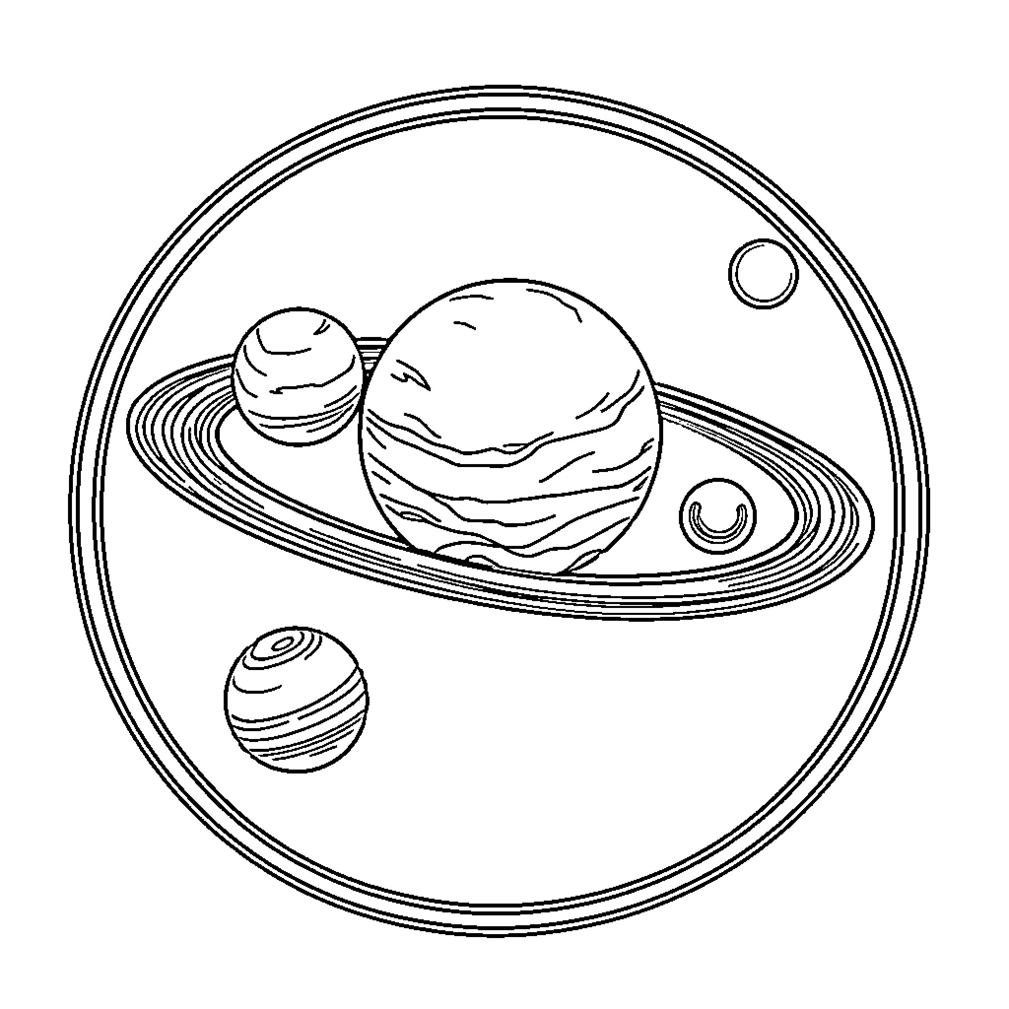 Solar System with Planets and Orbits Coloring Page (free black-and-white line drawing printable PDF for all, from beginners to advanced learners, including children, teens, adults, and seniors)