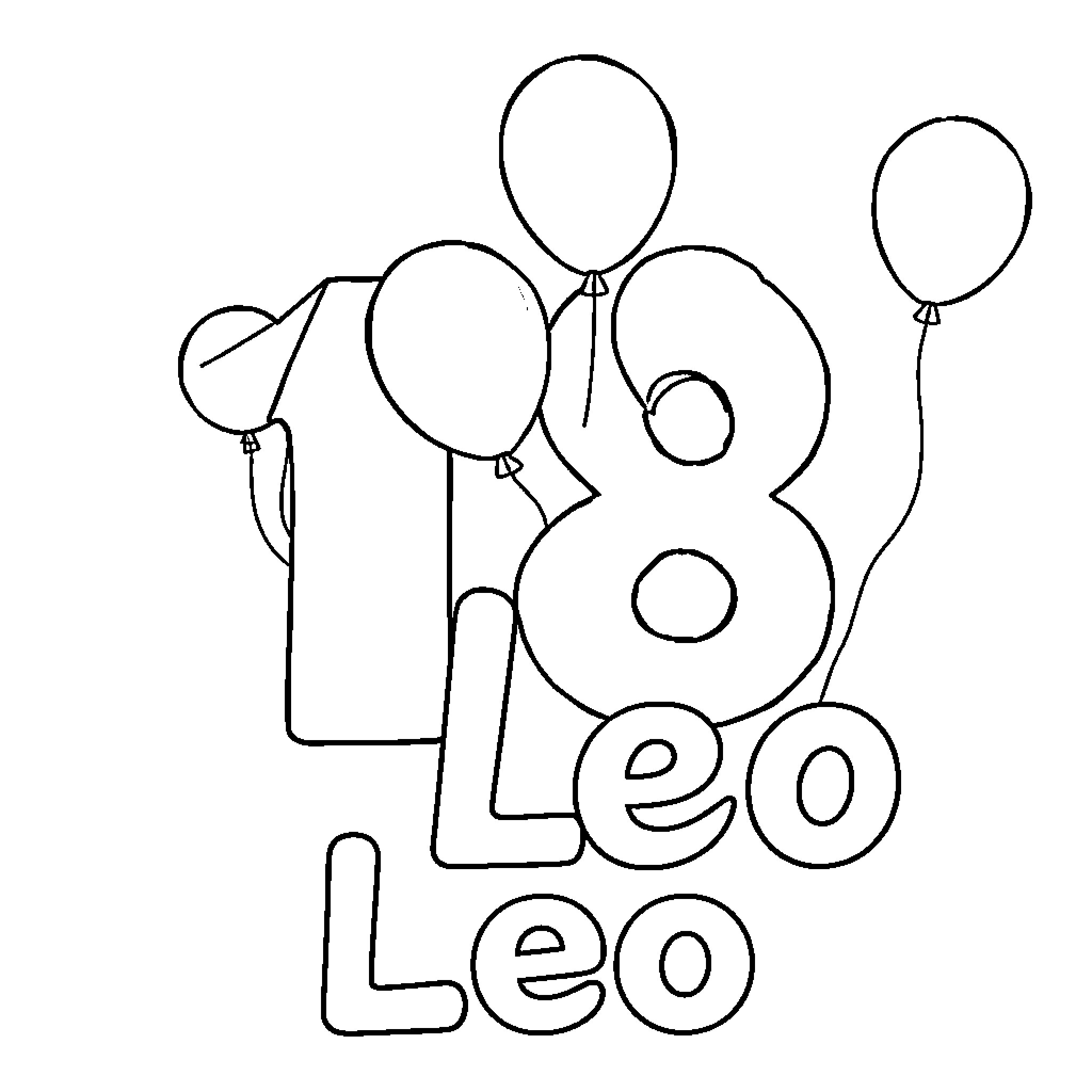 Number 18 Leo Leo with Balloons Coloring Page (free black-and-white line drawing printable PDF for all, from beginners to advanced learners, including children, teens, adults, and seniors)