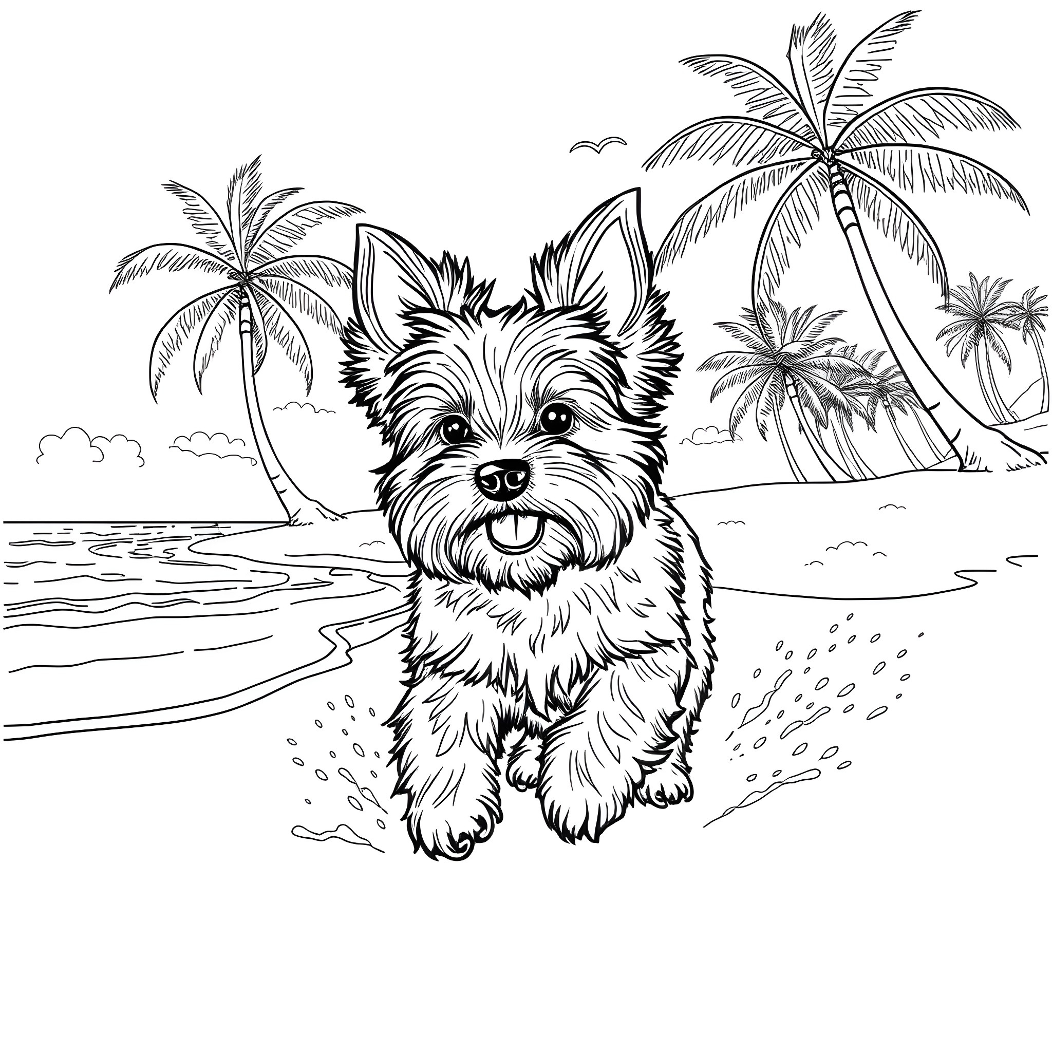 Yorkie playing on the beach with palm trees Coloring Page (free black-and-white line drawing printable PDF for all, from beginners to advanced learners, including children, teens, adults, and seniors)