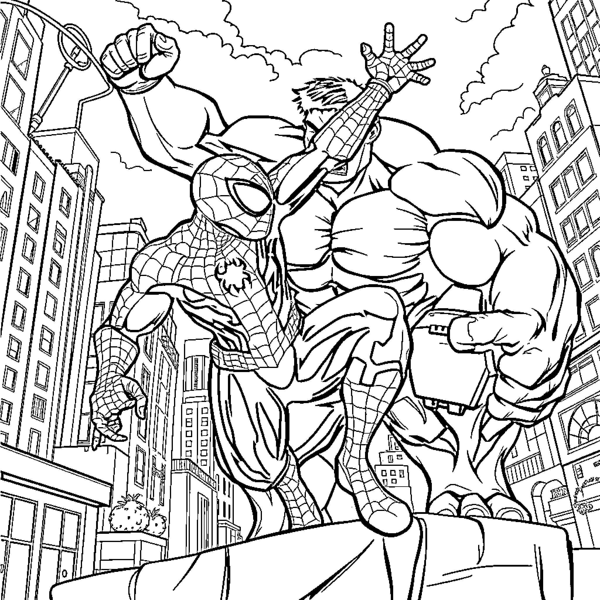 Spiderman battles the Hulk in a city showdown Coloring Page (free black-and-white line drawing printable PDF for all, from beginners to advanced learners, including children, teens, adults, and seniors)