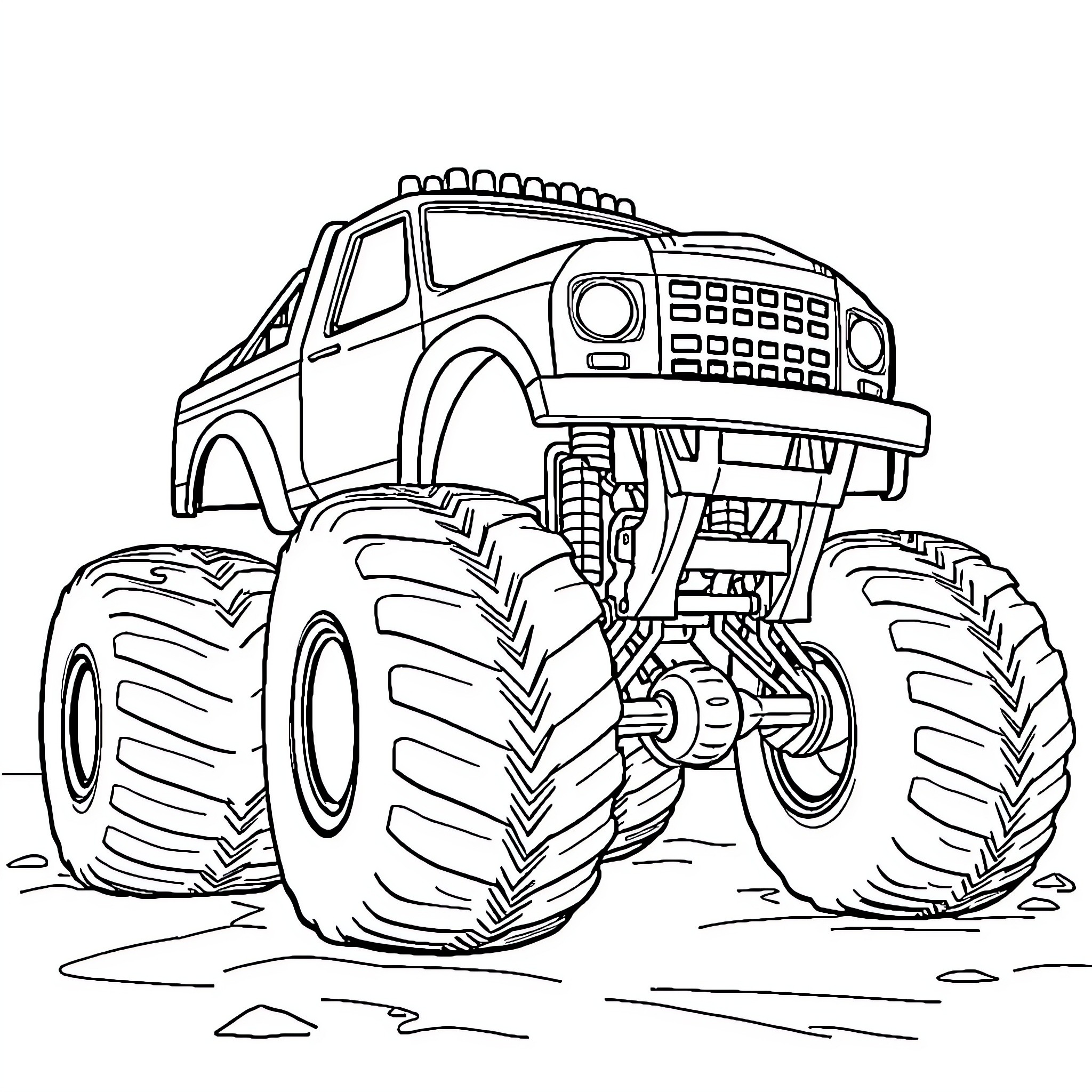 Monster Truck Crushing Obstacles on the Terrain Coloring Page (free black-and-white line drawing printable PDF for all, from beginners to advanced learners, including children, teens, adults, and seniors)