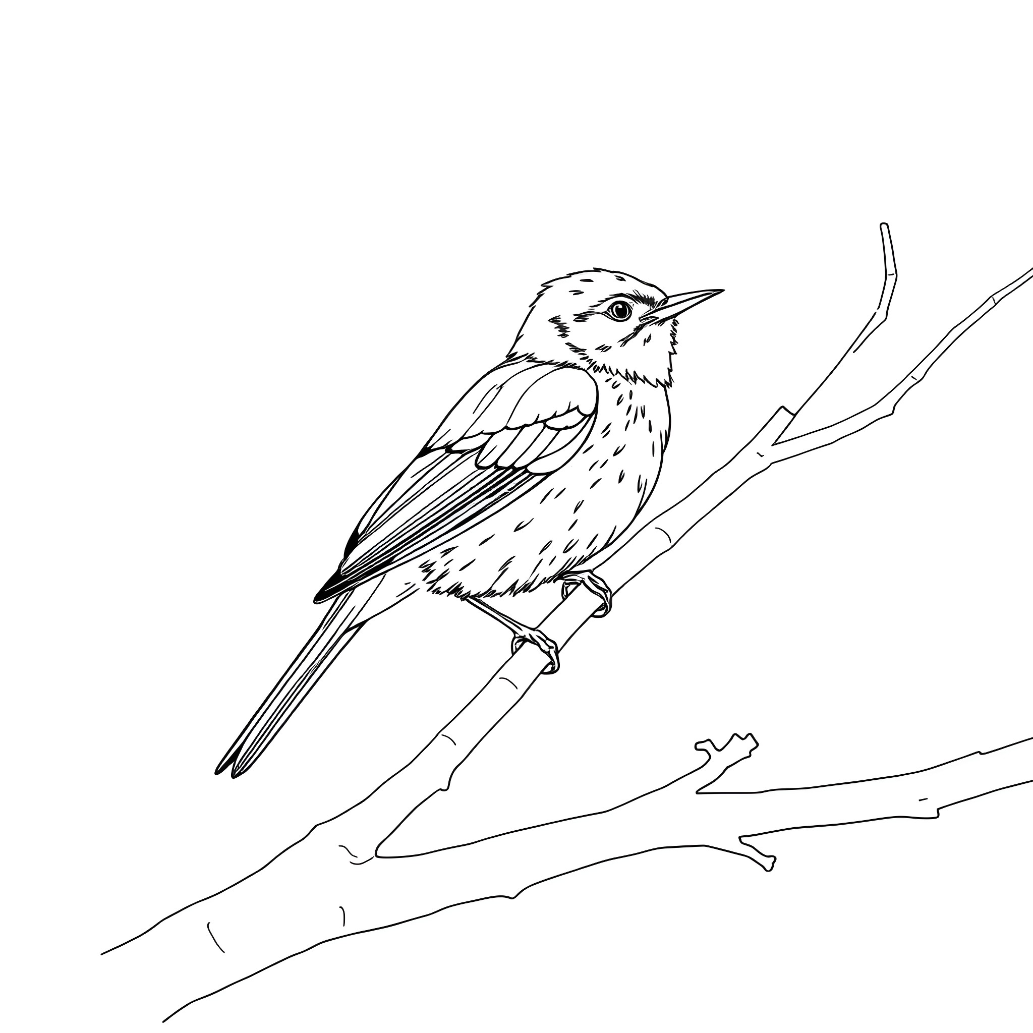 Honeycreeper perched on branch with simple outline Coloring Page (free black-and-white line drawing printable PDF for all, from beginners to advanced learners, including children, teens, adults, and seniors)