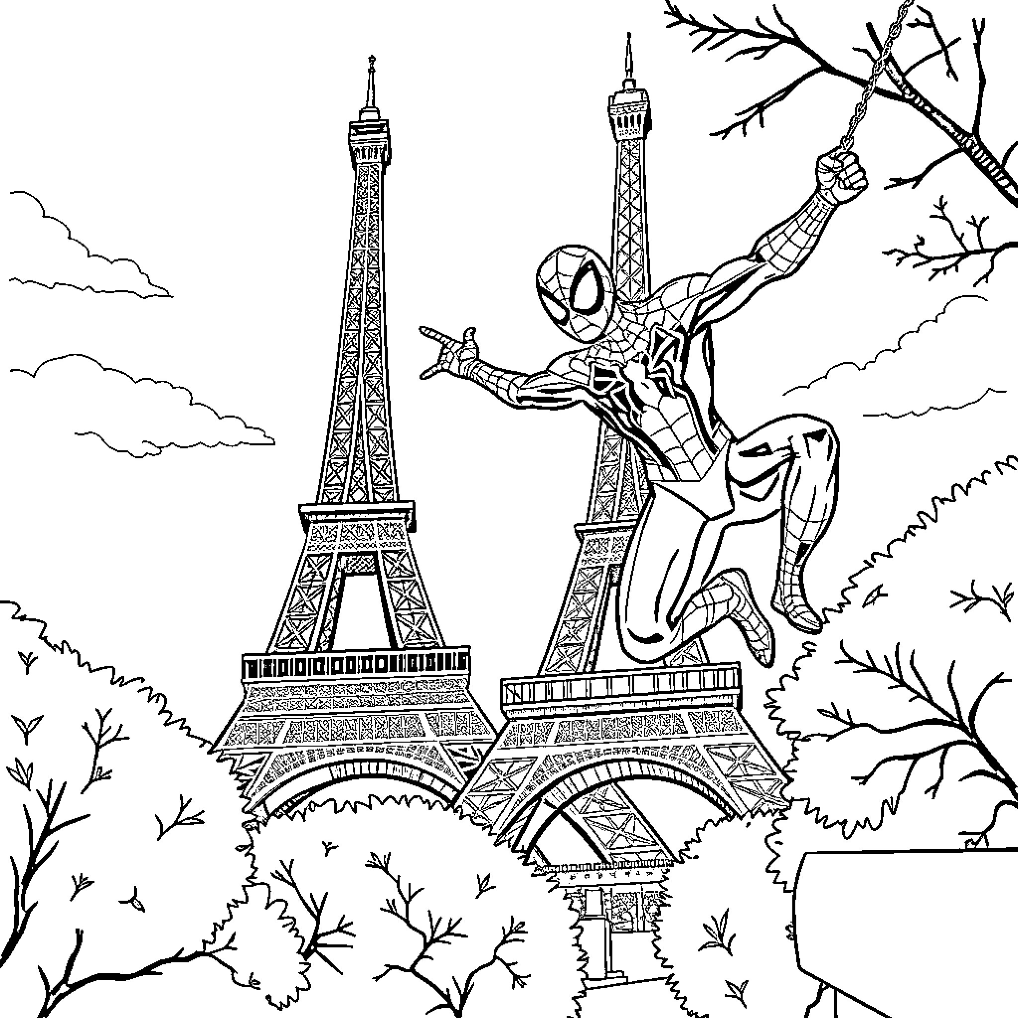 Spiderman swinging through the streets of Paris Coloring Page (free black-and-white line drawing printable PDF for all, from beginners to advanced learners, including children, teens, adults, and seniors)