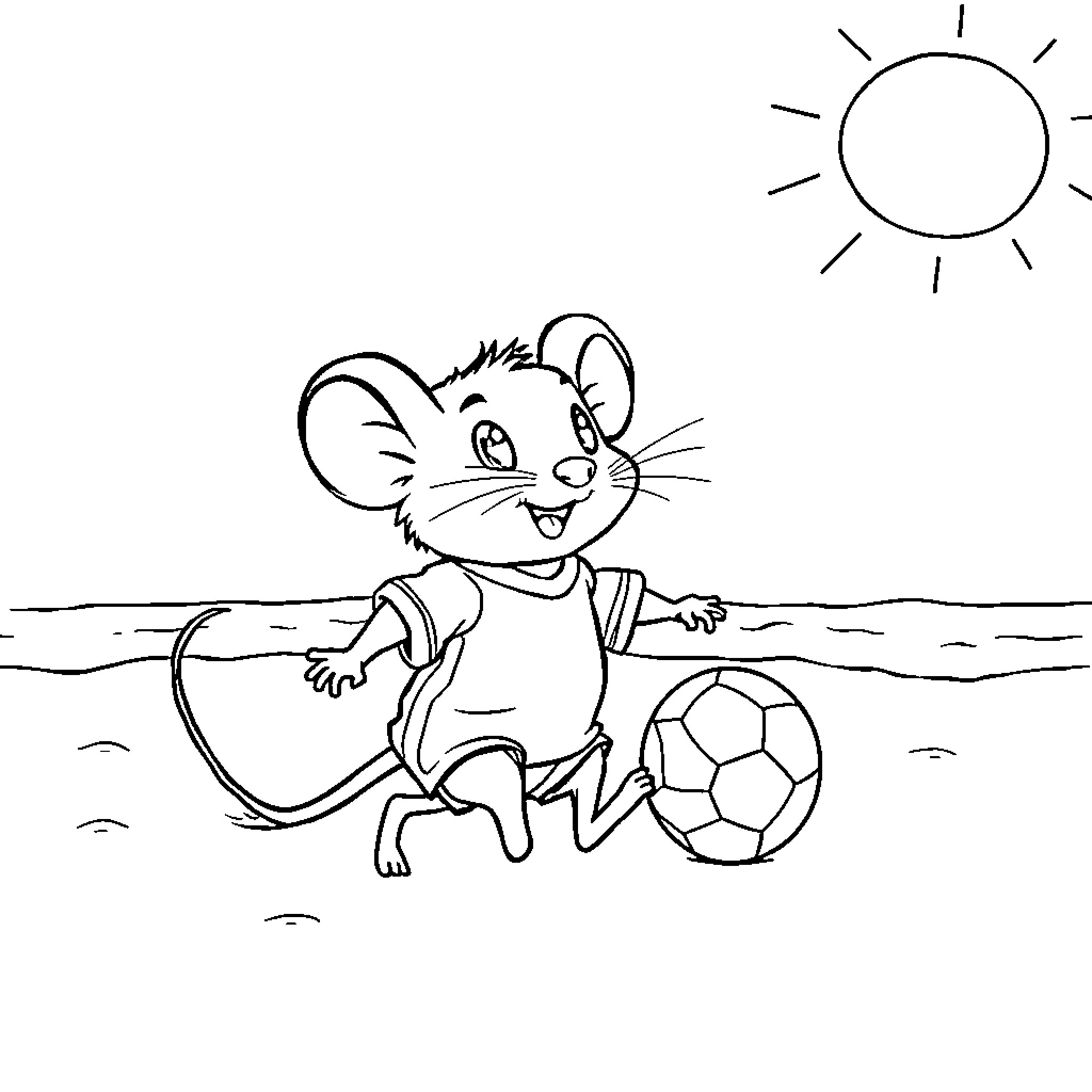 Mouse playing joyfully with soccer ball on the beach Coloring Page (free black-and-white line drawing printable PDF for all, from beginners to advanced learners, including children, teens, adults, and seniors)
