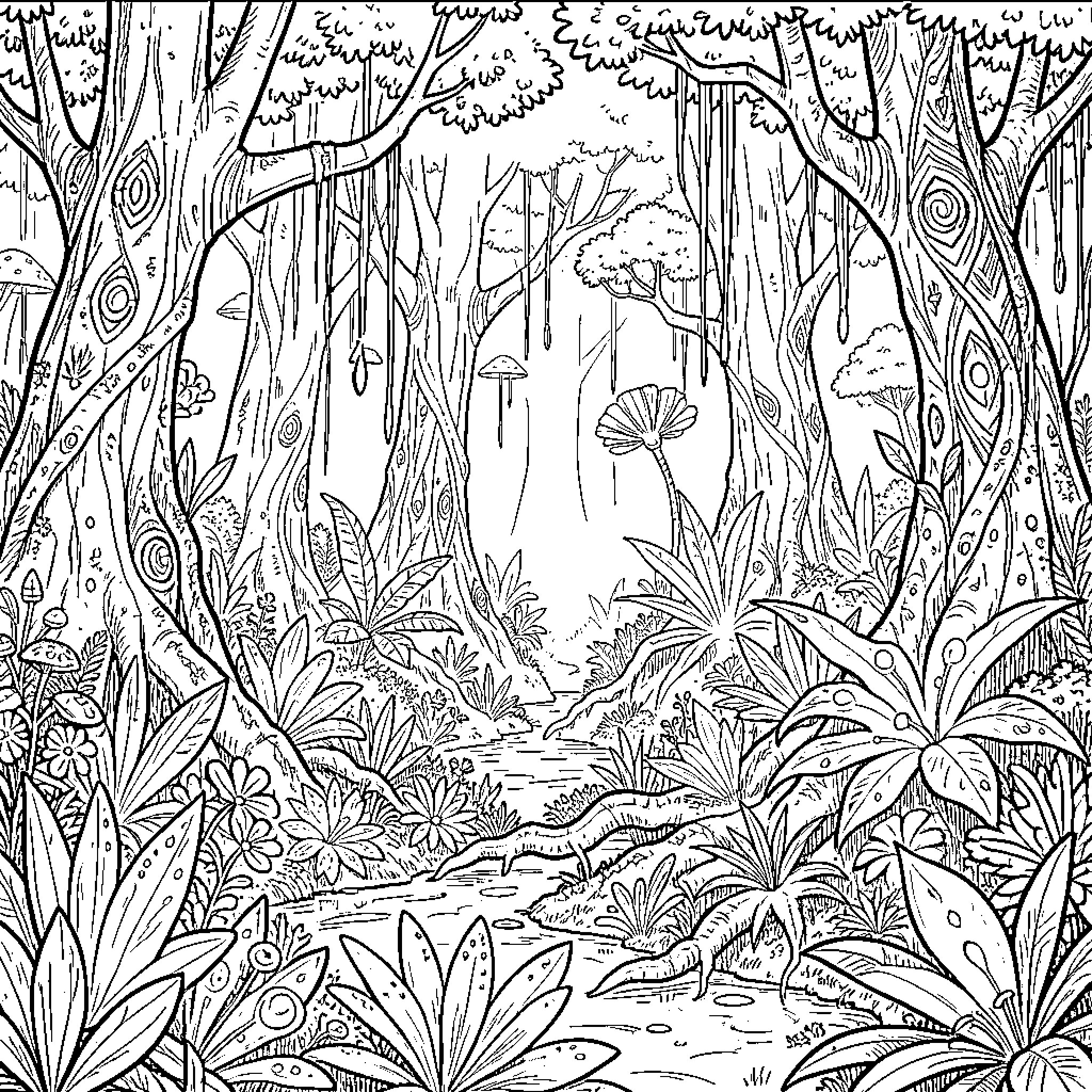 Avatar in a Whimsical Woodland Scene Coloring Page (free black-and-white line drawing printable PDF for all, from beginners to advanced learners, including children, teens, adults, and seniors)