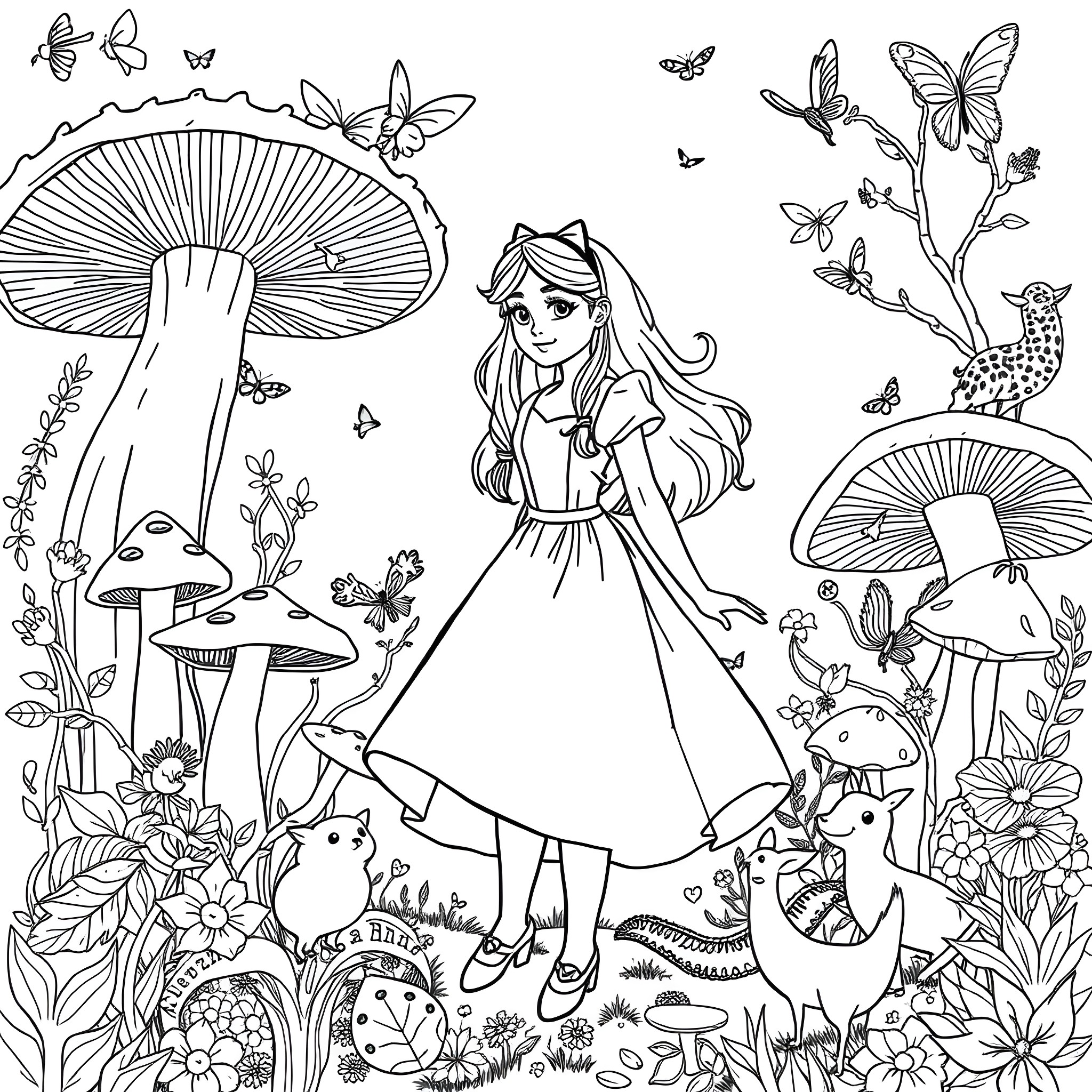 Alice's fantastical adventure in the enchanted garden Coloring Page (free black-and-white line drawing printable PDF for all, from beginners to advanced learners, including children, teens, adults, and seniors)