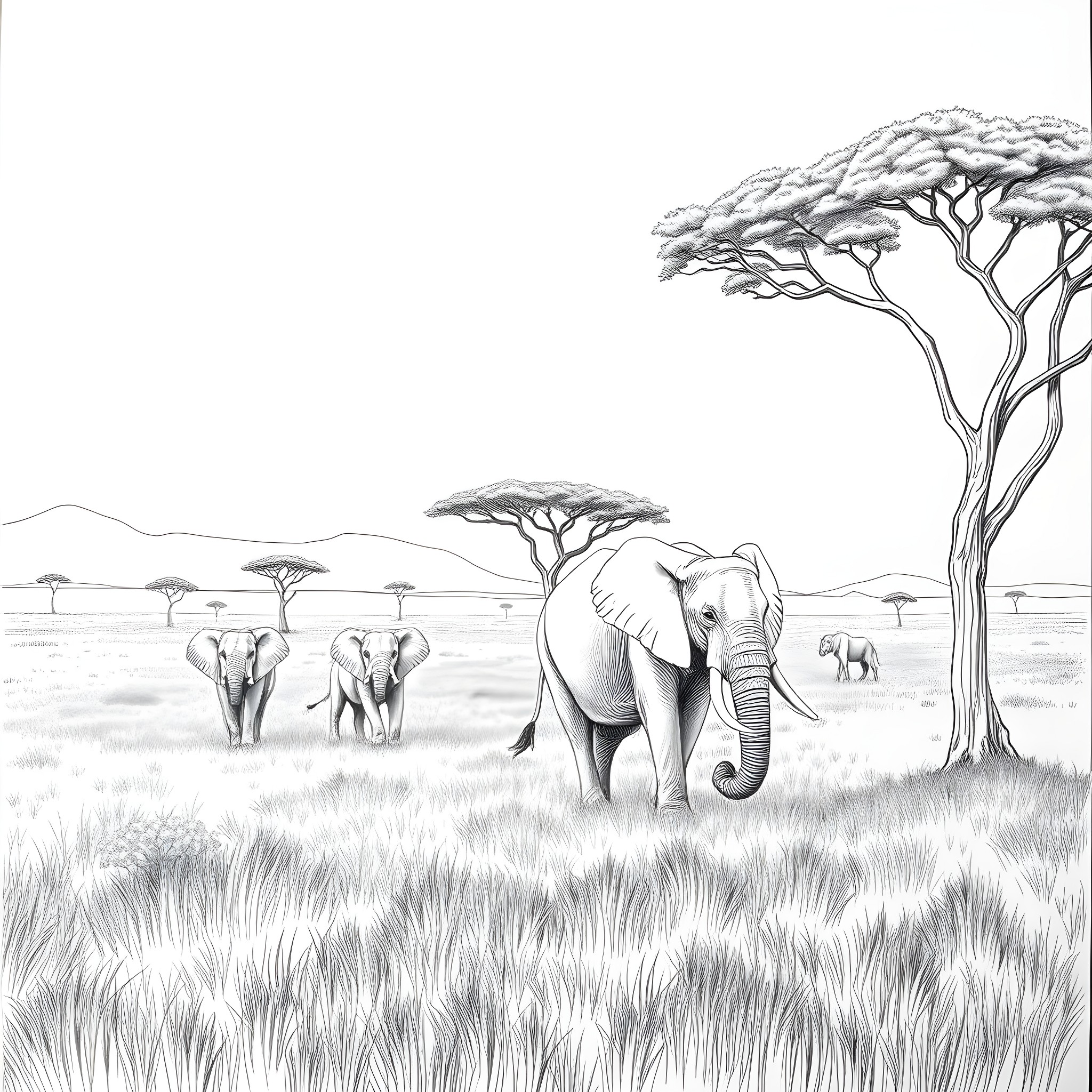 Safari elephants enjoying the serene African landscape Coloring Page (free black-and-white line drawing printable PDF for all, from beginners to advanced learners, including children, teens, adults, and seniors)