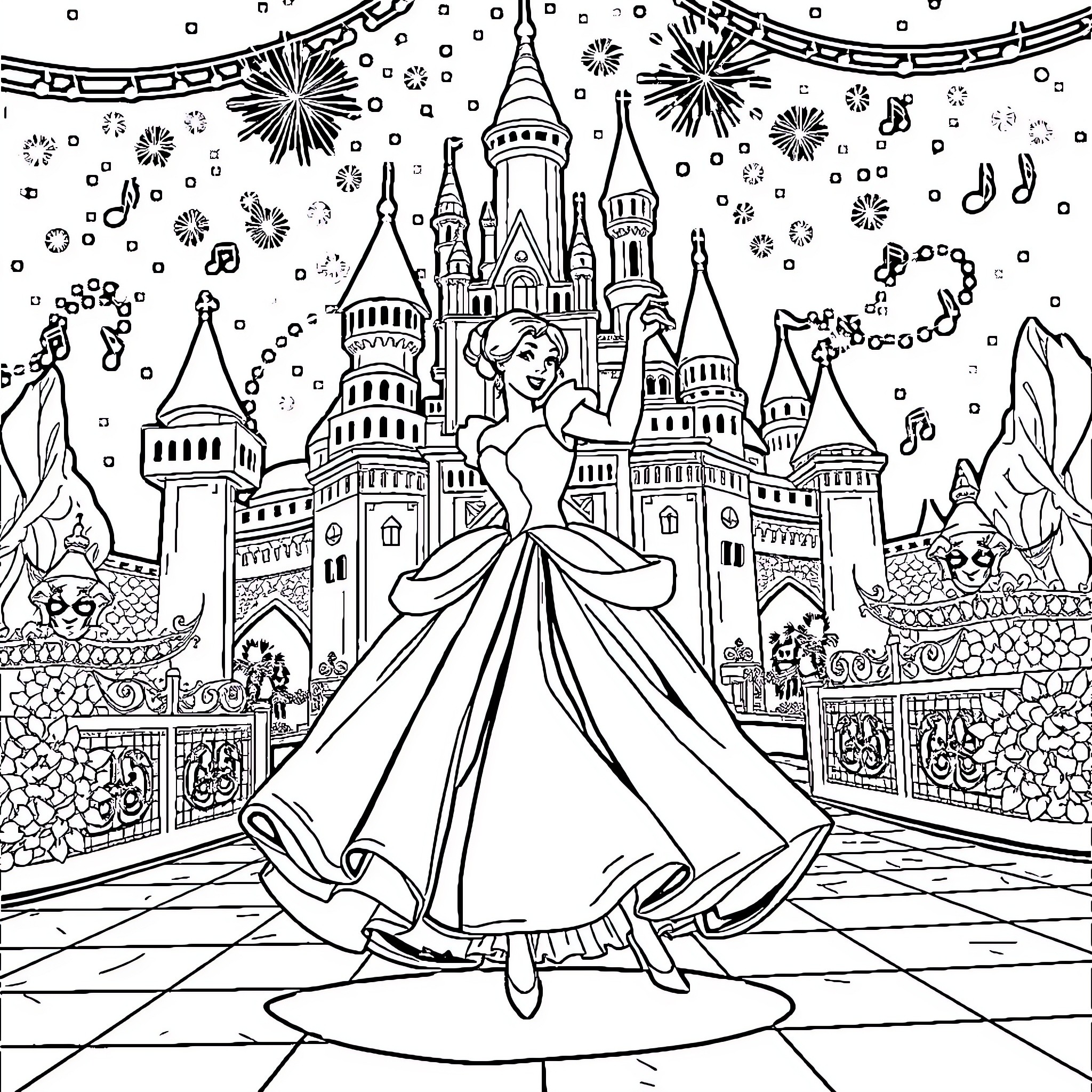 Cinderella's Enchanting Celebration at the Castle Coloring Page (free black-and-white line drawing printable PDF for all, from beginners to advanced learners, including children, teens, adults, and seniors)
